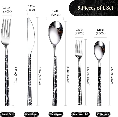 Miniatura 2 de Juego de 4 cubiertos de acero inoxidable, 20 piezas, cubiertos modernos de mármol negro pulido para el hogar, restaurante, incluye cucharas,