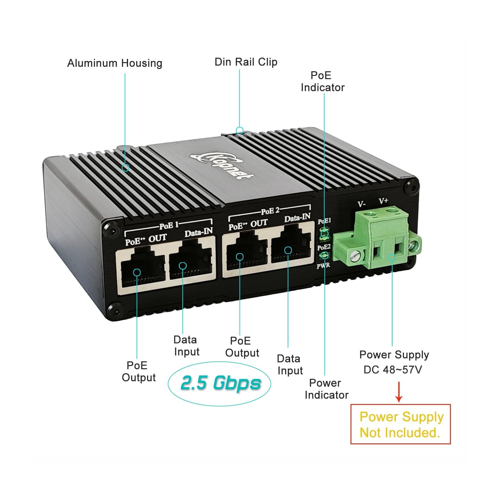 Injecteur industriel 2 canaux 2,5 G PoE++ Montage sur rail DIN 802.3af/at | 2 ports d'alimentation par Ethernet IEEE 802.3at/bt, 2,5 Gigabit PoE, -40 °C à 80 °C, montage sur rail DIN
