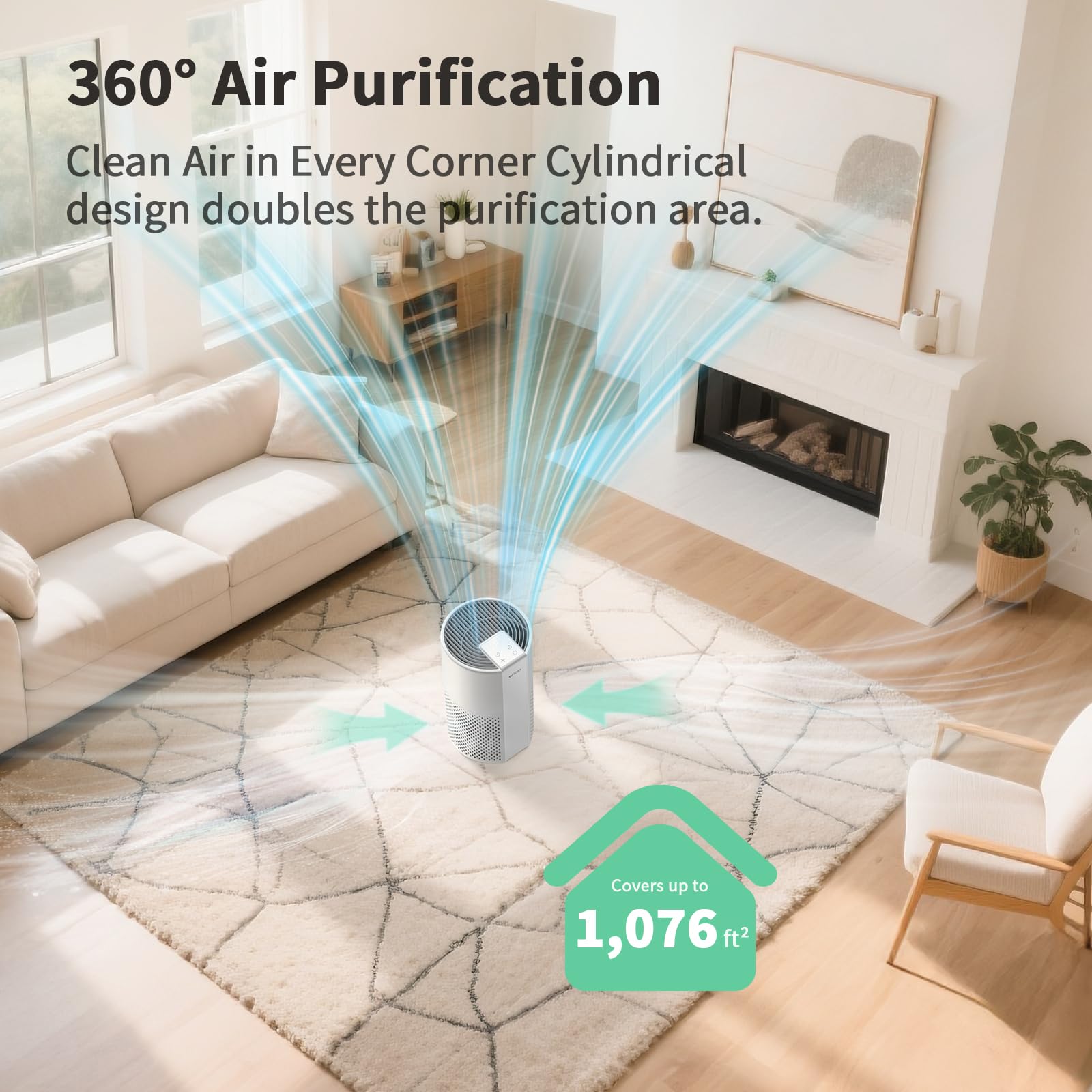 Purificador de aire para el hogar, filtro lavable 4 en 1 para alergias, cubre hasta 1076 pies cuadrados, funcionamiento silencioso, apagado automático y luz nocturna, elimina la caspa de 3