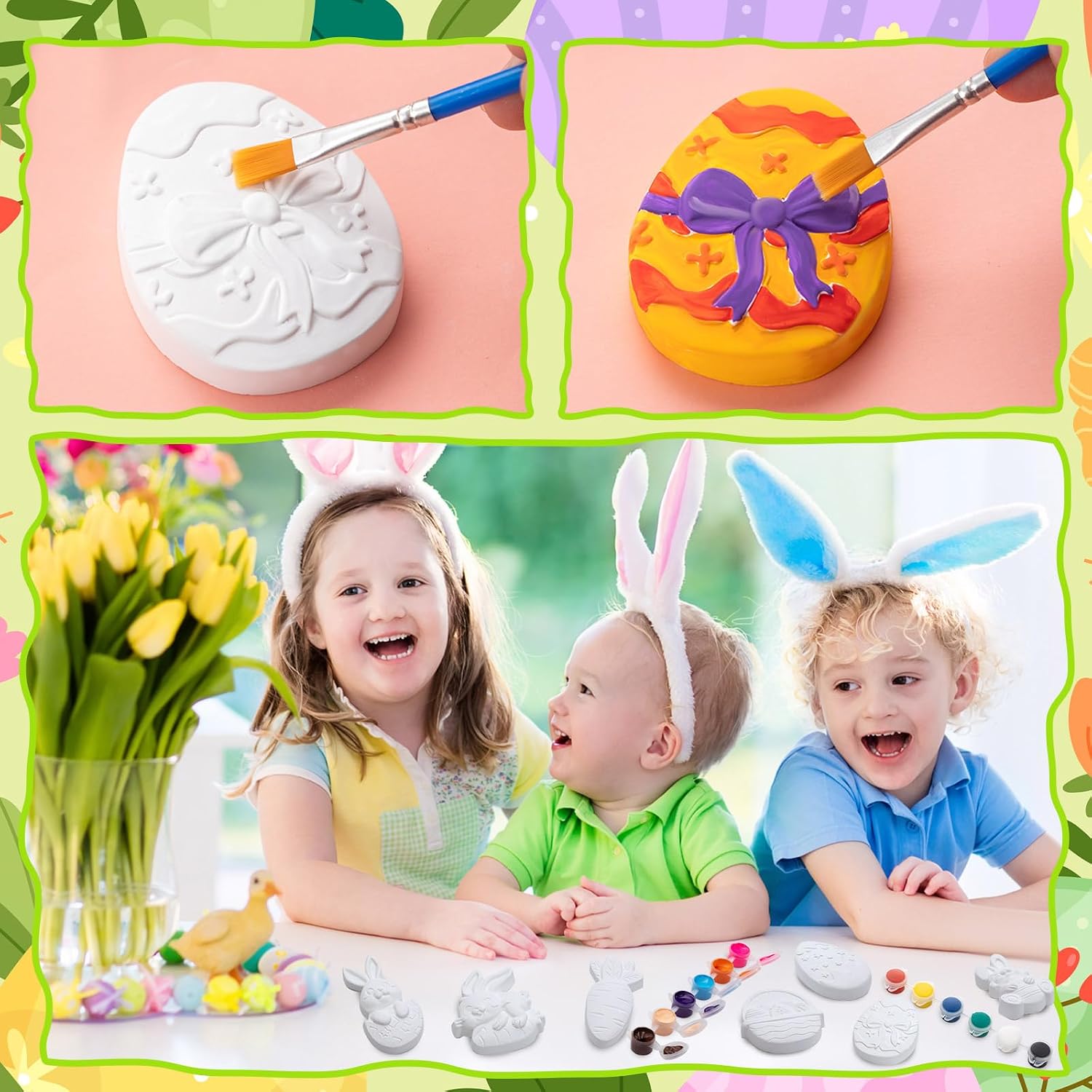 WDAHDHP DIY Easter Painting Kit, 12Pcs Ready to Paint Your Own Easter Figurines, Unpainted Crafts with Brush Palette Paint for Girls Boy Gifts Toys