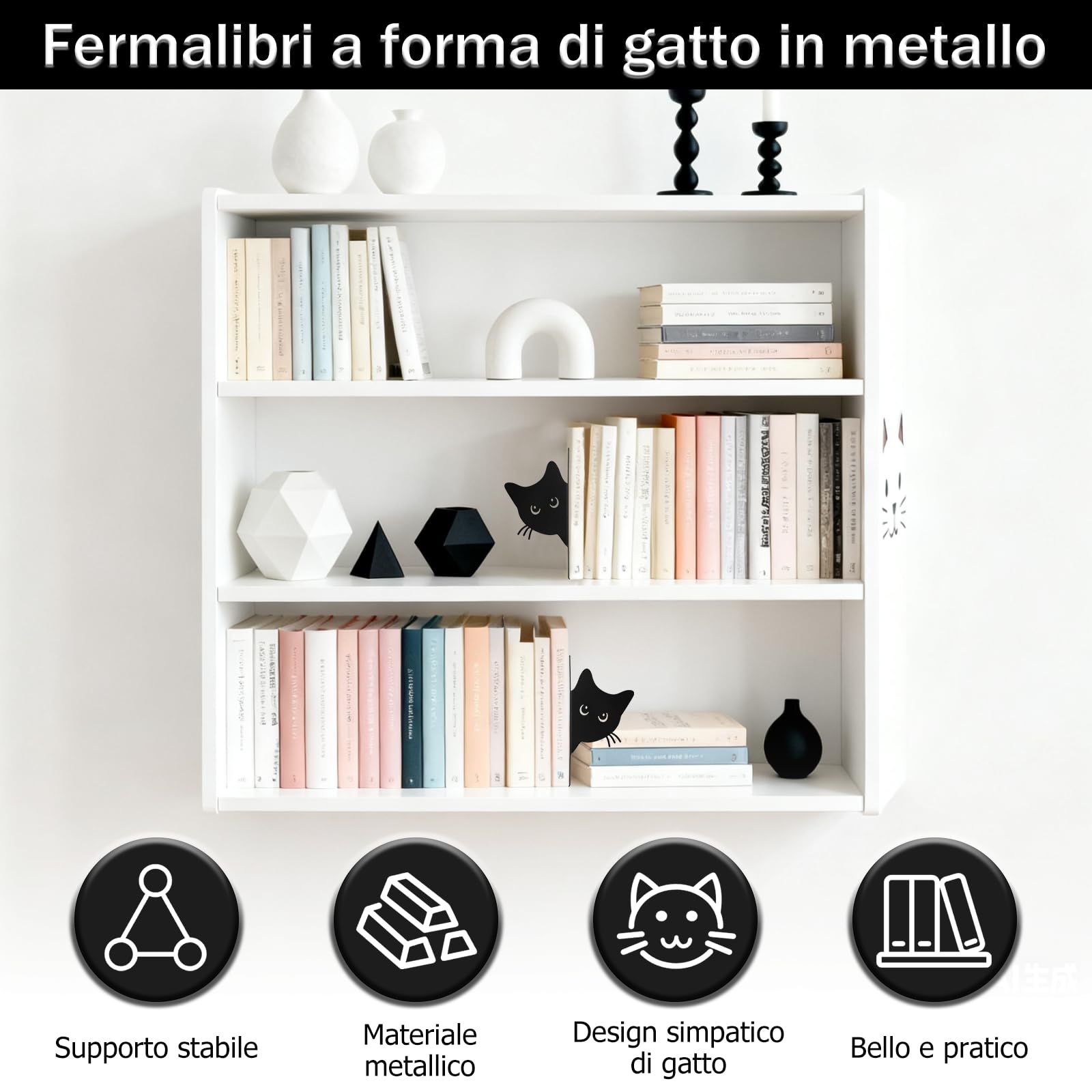 Fermalibri in Metallo a Forma Di Gatto, 2 Pezzi, per Bambini, Scuole, Uffici, Camere Da Letto (Nere)