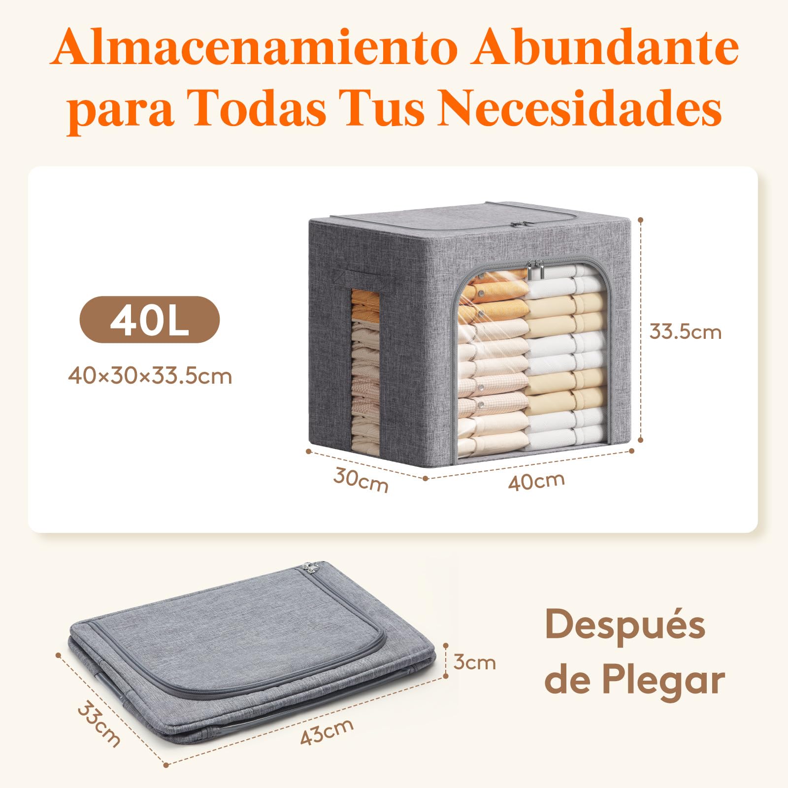 Lifewit 3 Piezas Cajas Almacenaje Ropa con Marco de Metal, Organizador Armario Apilable, Bolsas Almacenaje Ropa, Bolsas Para Guardar Ropa, Edredones, Colchas, Gris Claro, 40L