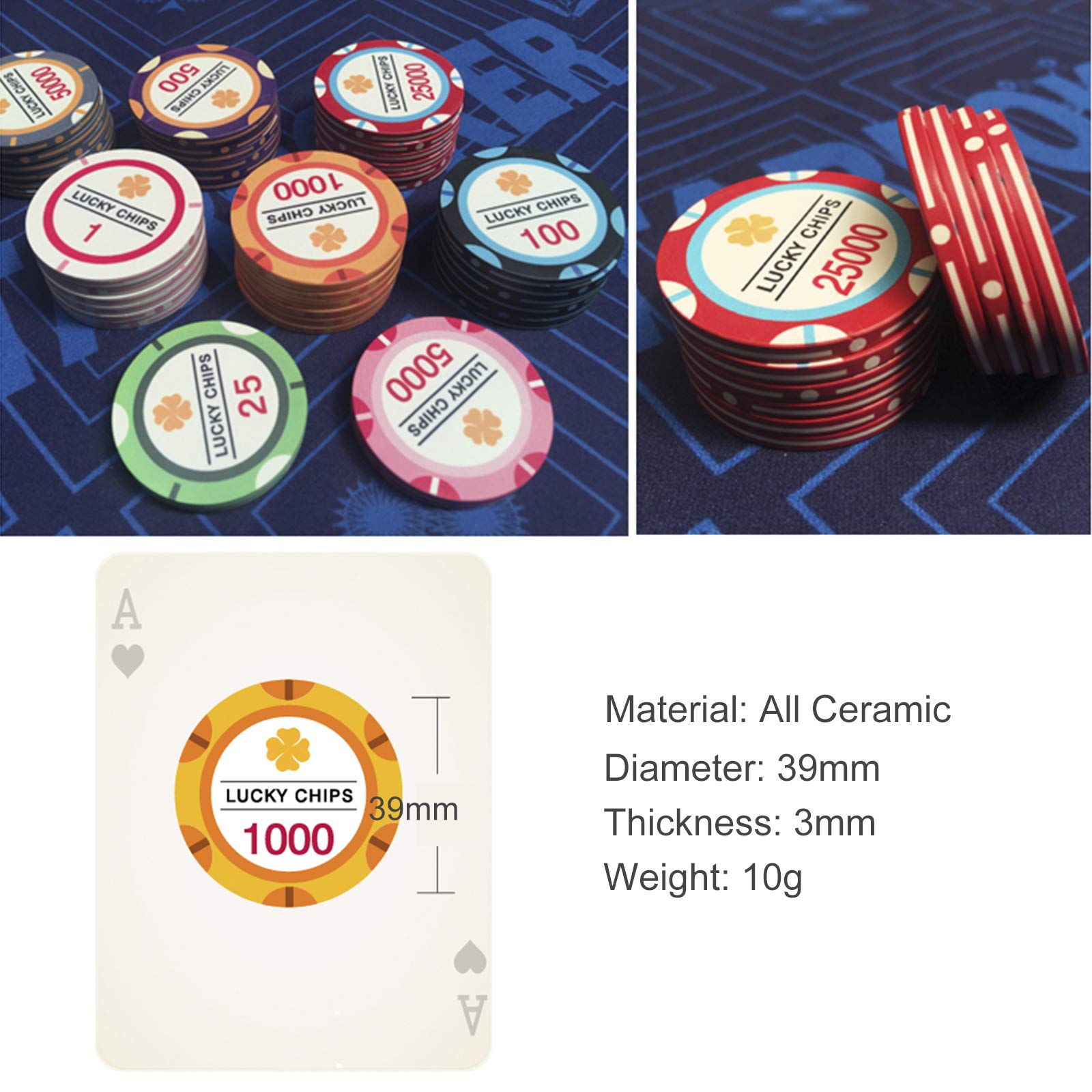 Jetons de Poker Chanceux avec Dénominations, Jetons de Casino en Céramique de 10g pour Texas Hold'em, Baccarat, Couleur Flush - Paquet de 50