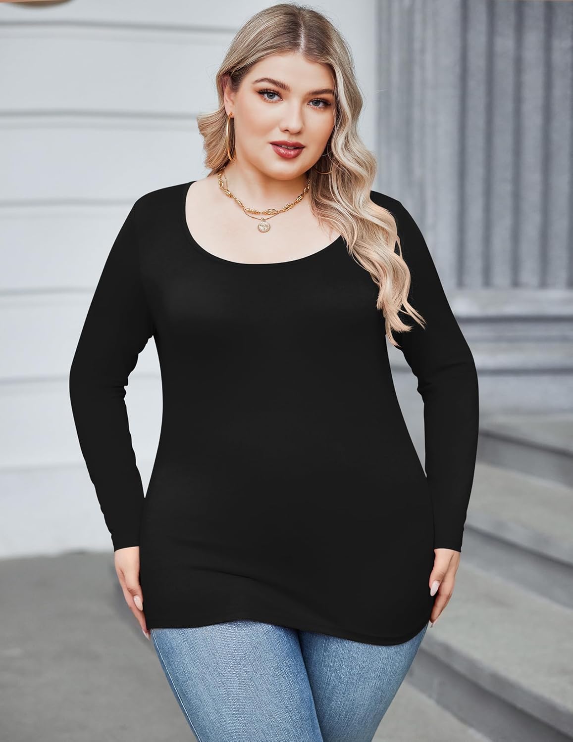IN'VOLAND Women's Plus Size Long Sleeve Shirts Scoop Neck Slim Fitted T Shirt Stretchy Bodycon Basic Tee Tops - Image 3