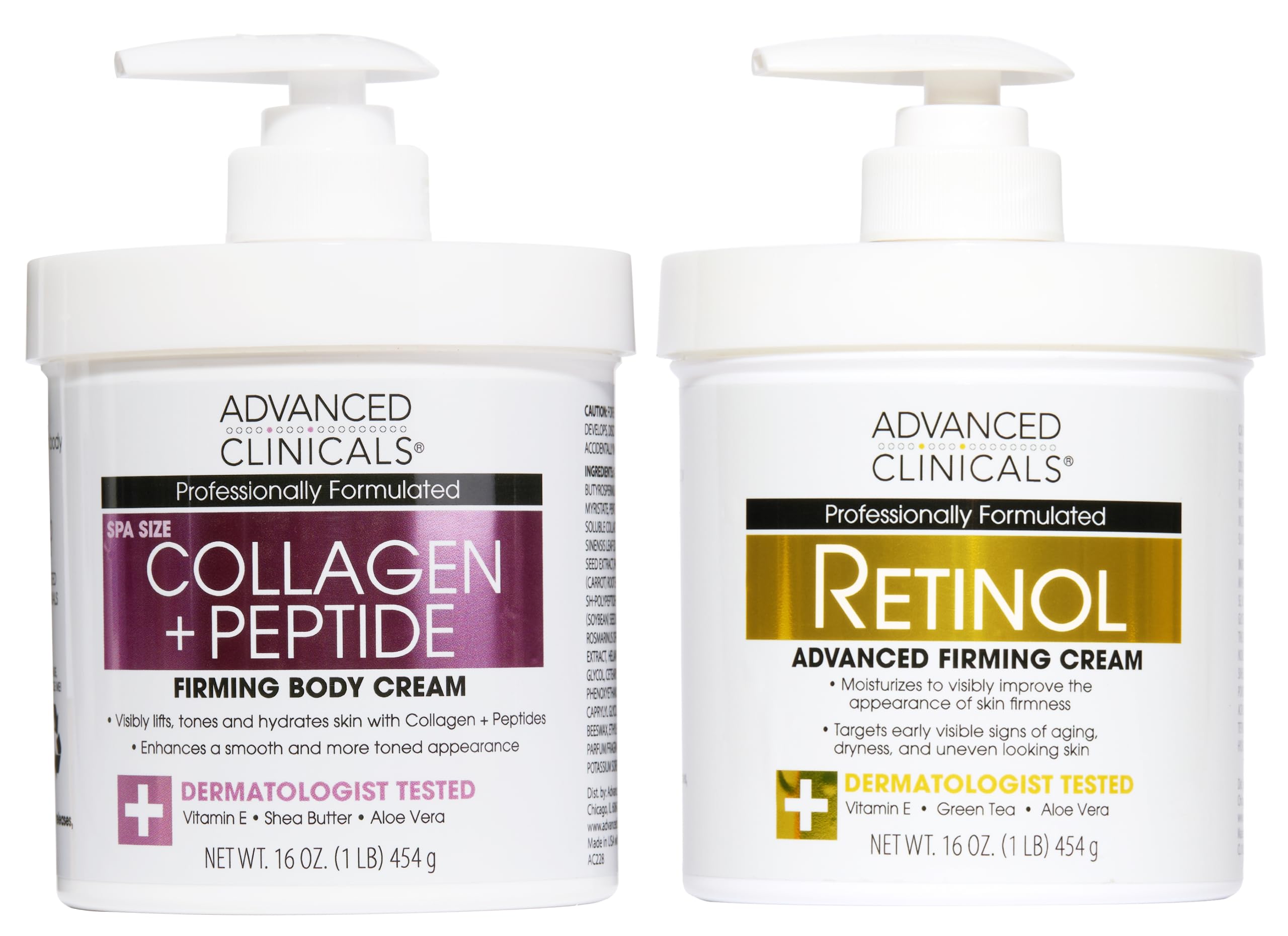 Advanced Clinicals Retinol Cream + Collagen Peptides Body Moisturizer & Face Lotion 2PC Skin Care Set | Dry Skin Body Lotion For Women & Men To Help Improve Appearance Of Crepey Skin, 2PC Bundle