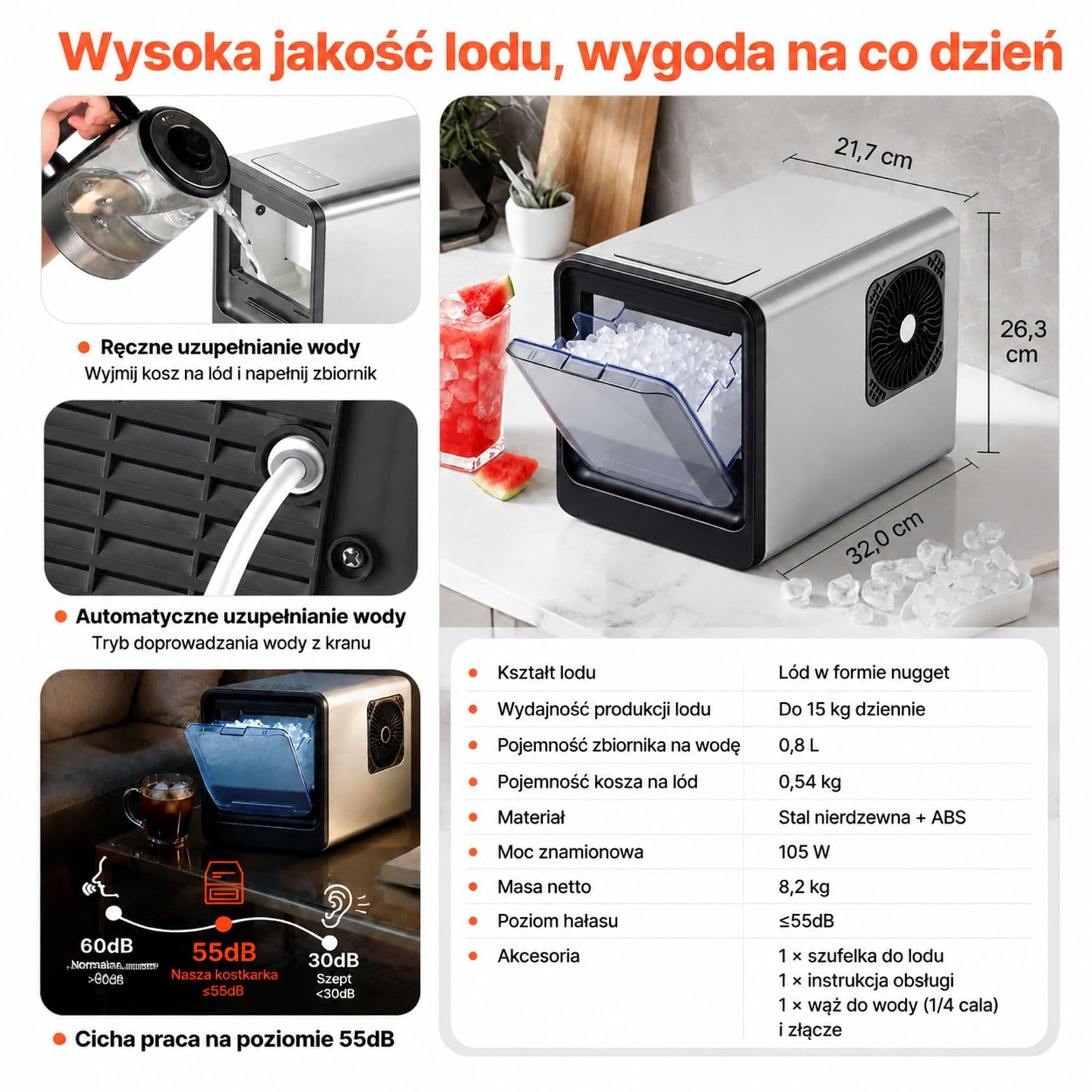 Stołowa kostkarka do lodu, wydajność 15 kg dziennie, kostki do żucia, zbiornik wody 0,8 l, obudowa ze stali nierdzewnej, samoczyszczenie, łopatka, do domu, kuchni, biura i baru
