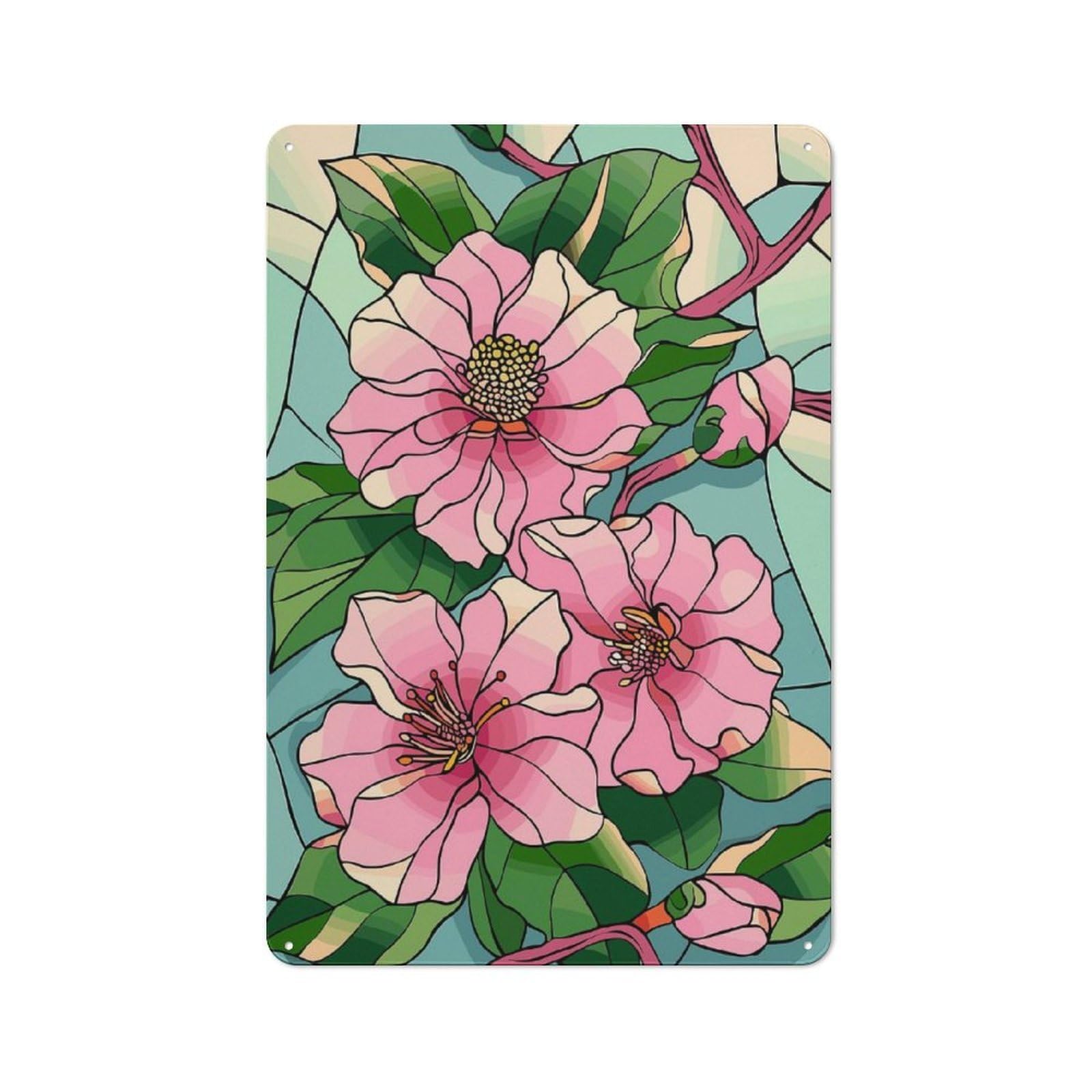 Junmoney Style Vintage Stained Glass Pink Flowers And Leaves Garden Room Metal Sign 30X20cm, Porch Wall Decor For Conservatory, Home Bar Or Utility Room