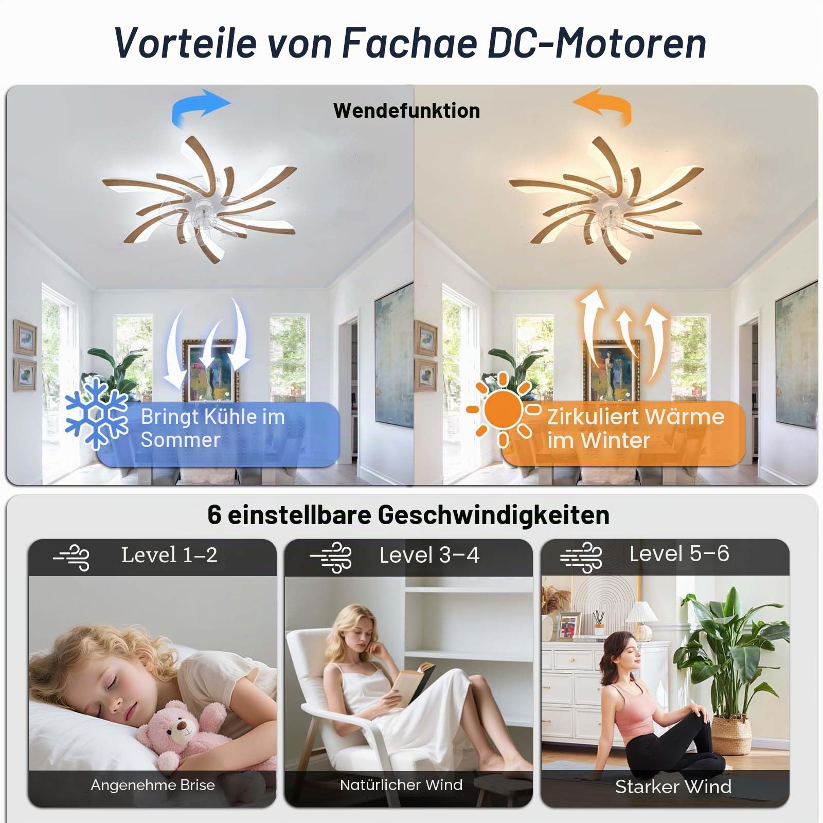 78cm Deckenlampe mit Ventilator Holz led DC Motor für Schlafzimmer | Timer Moderne Deckenventilator mit Beleuchtung und Fernbedienung Leise Design Küche,6-Geschwindigkeit Dimmbar Reversibel