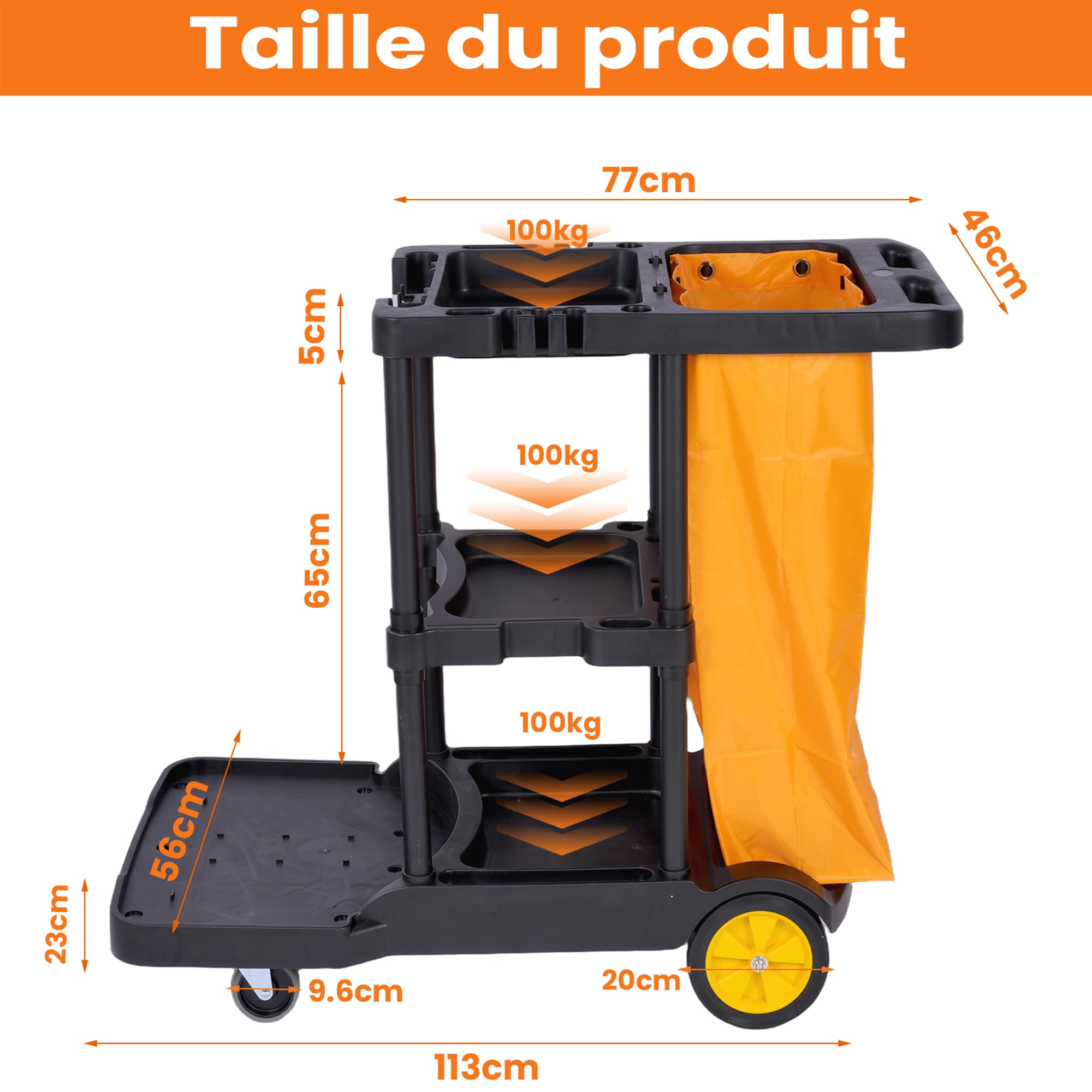 uyoyous Chariot de Ménage Professionnel 3 Niveaux, Chariot de Nettoyage 113 x 56 x 93 cm avec 65 L Sac Déplacement Outil D’Entretien Lavage pour Hôtel Bureau Noir