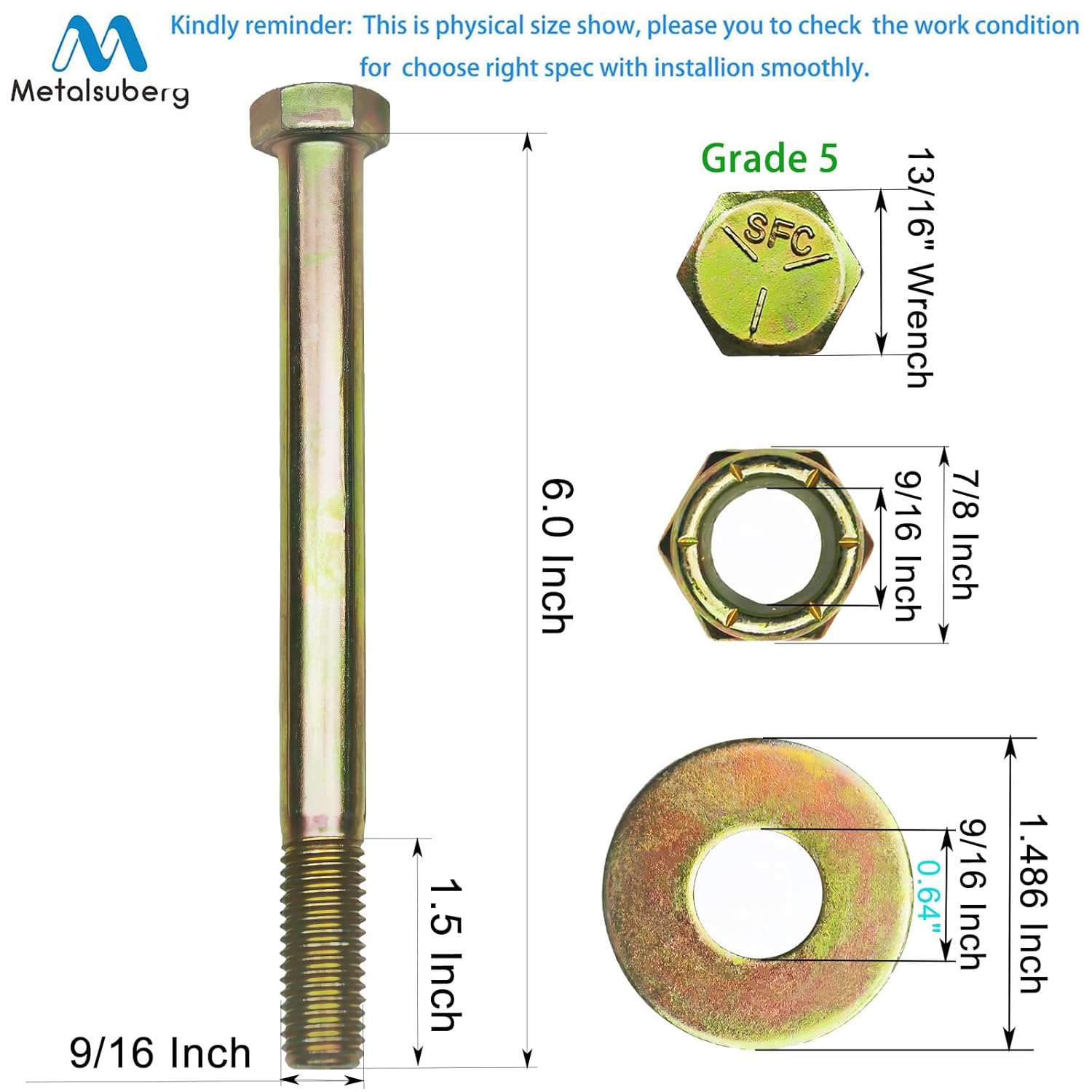 9/16" x 6" Hex Head Bolt by Color Galvanization with Nylon Lock nut and Large Size Washer Assortment Kit,Alloy Steel,Grade 5.(4pcs Pack)