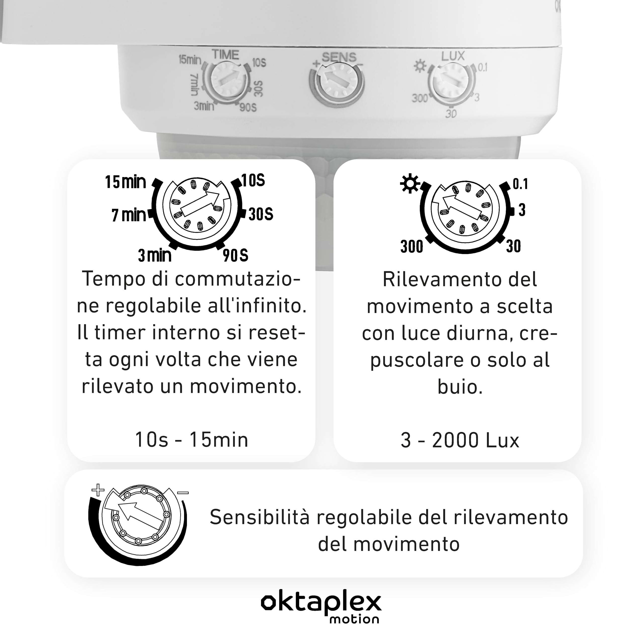 Oktaplex Mia set da 2 sensori di movimento Bianco 10 m orientabile | Sensore a infrarossi IP65 da 360 gradi 10 m da esterno 230 V