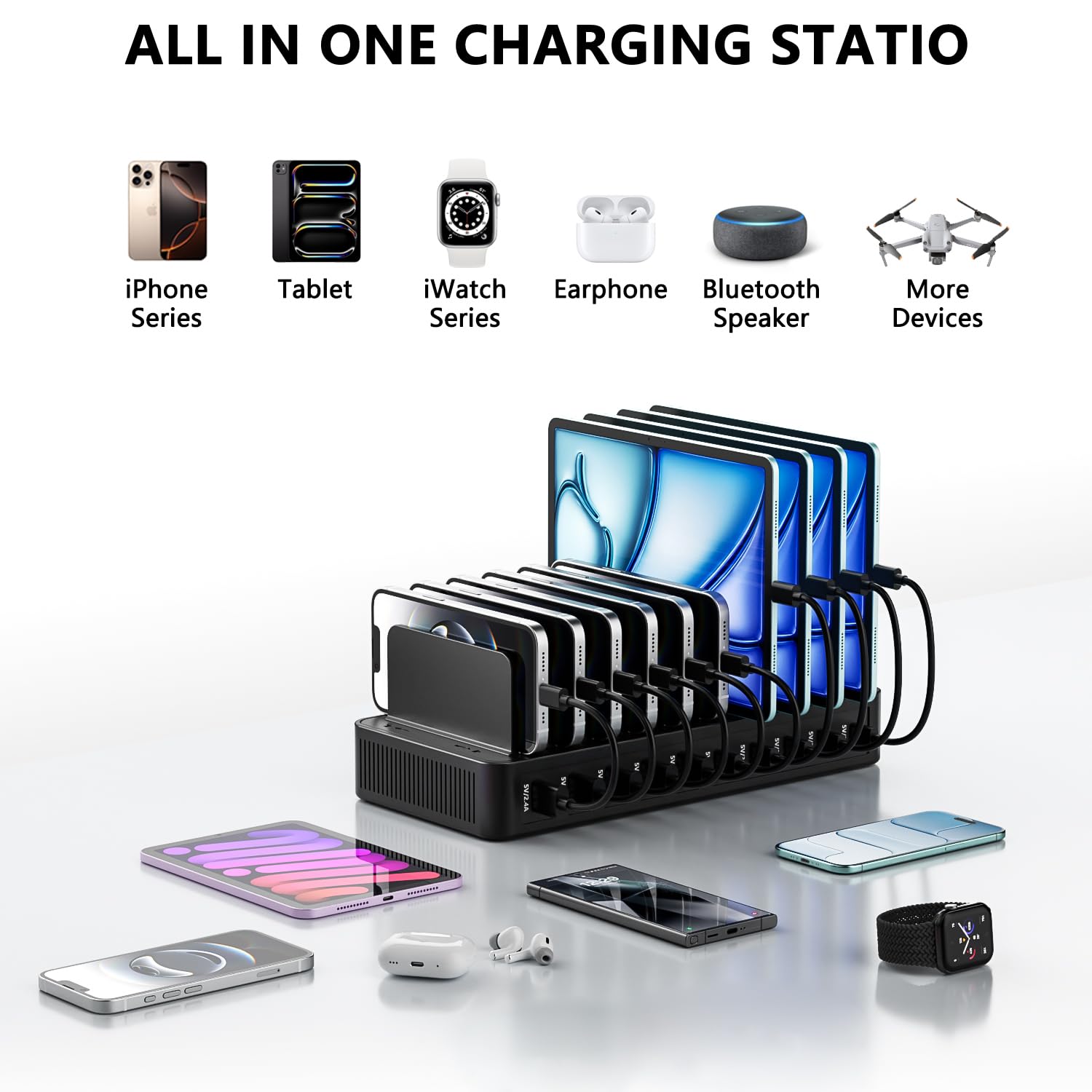Chargeurs USB C Multiples, Adaptateur Secteur 100W 10 Port, avec séparateur Amovible réglable, Bloc d'alimentation USB-C, Compatible avec iPhone/Samsung/Google/Tablettes/USB Appareils.