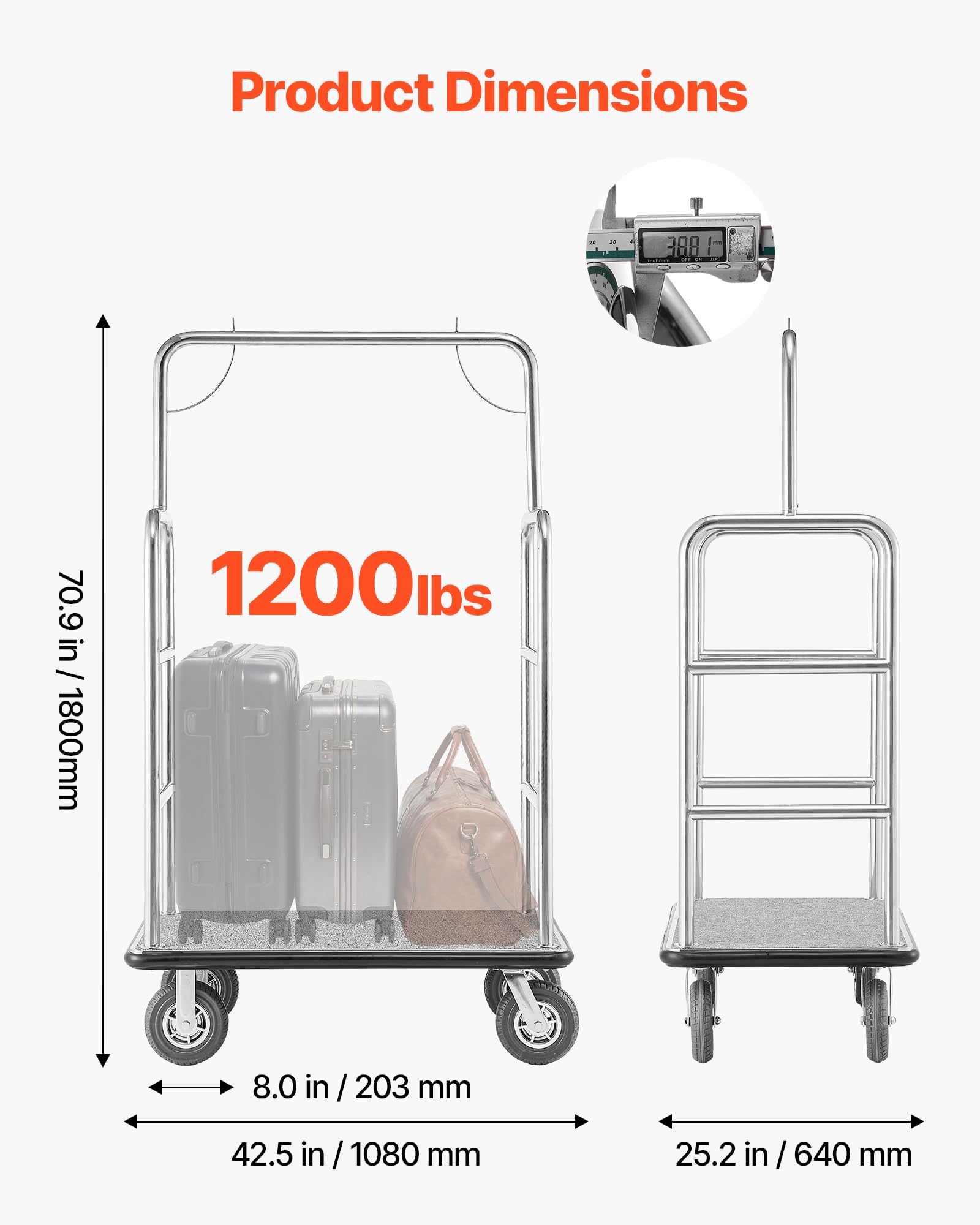 VEVOR Chariot à Bagages Hôtel, 544 kg, Chariot à Plate-Forme de Concierge, Finition INOX Brossé, avec Moquette Grise, Roues Caoutchouc 20,32 cm, Porte-Bagages pour Hôtels, Condos, Complexes Hôteliers