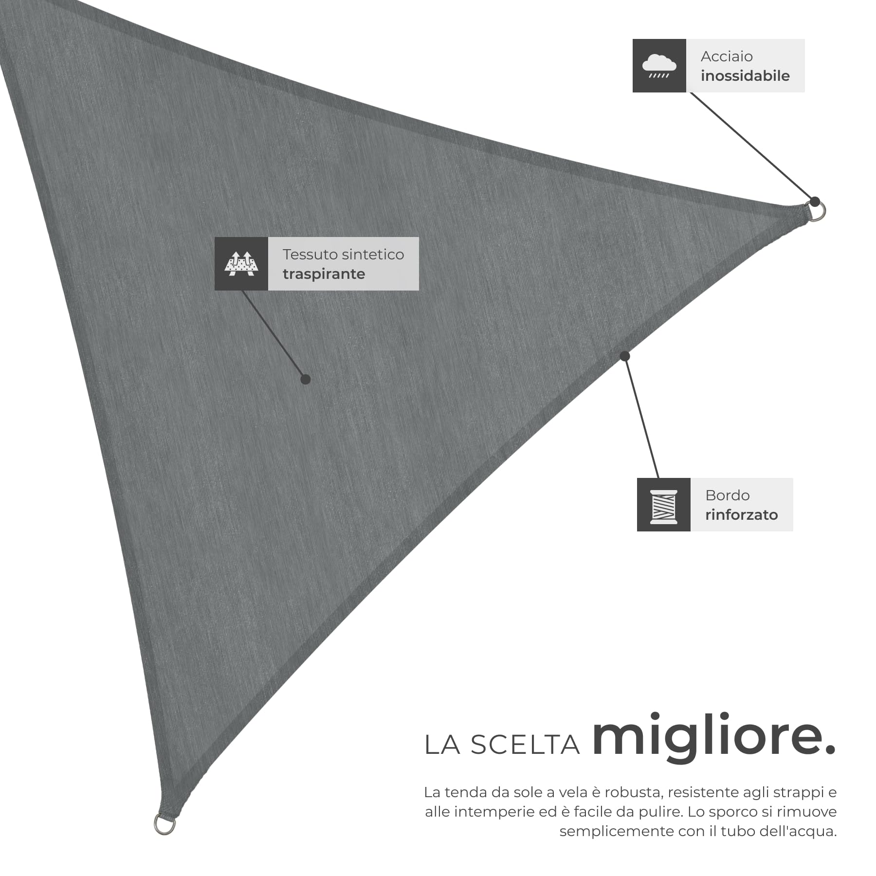 Tenda a Vela Solare 3,6 x 3,6 x 3,6 m Protezione UV 50+ Telo Occhiellato Traspirante Anelli Acciaio Inox