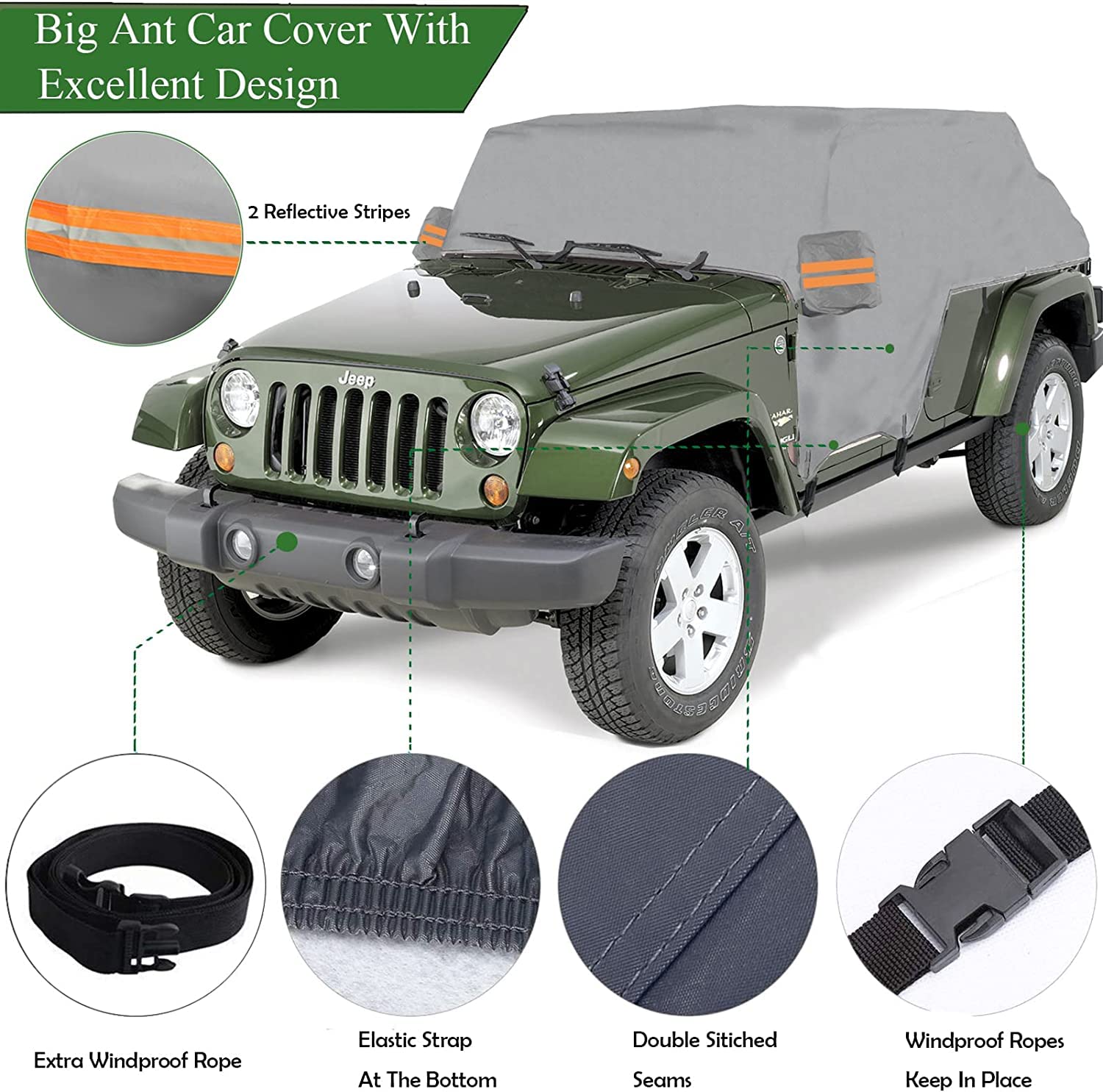 Big Ant Funda para coche de media cobertura para Jeep Wrangler CJ/YJ/TJ/JK de 4 puertas (1997-2025) - 100% resistente al agua, resistente a los rayos UV con 6 correas de protección contra el viento y
