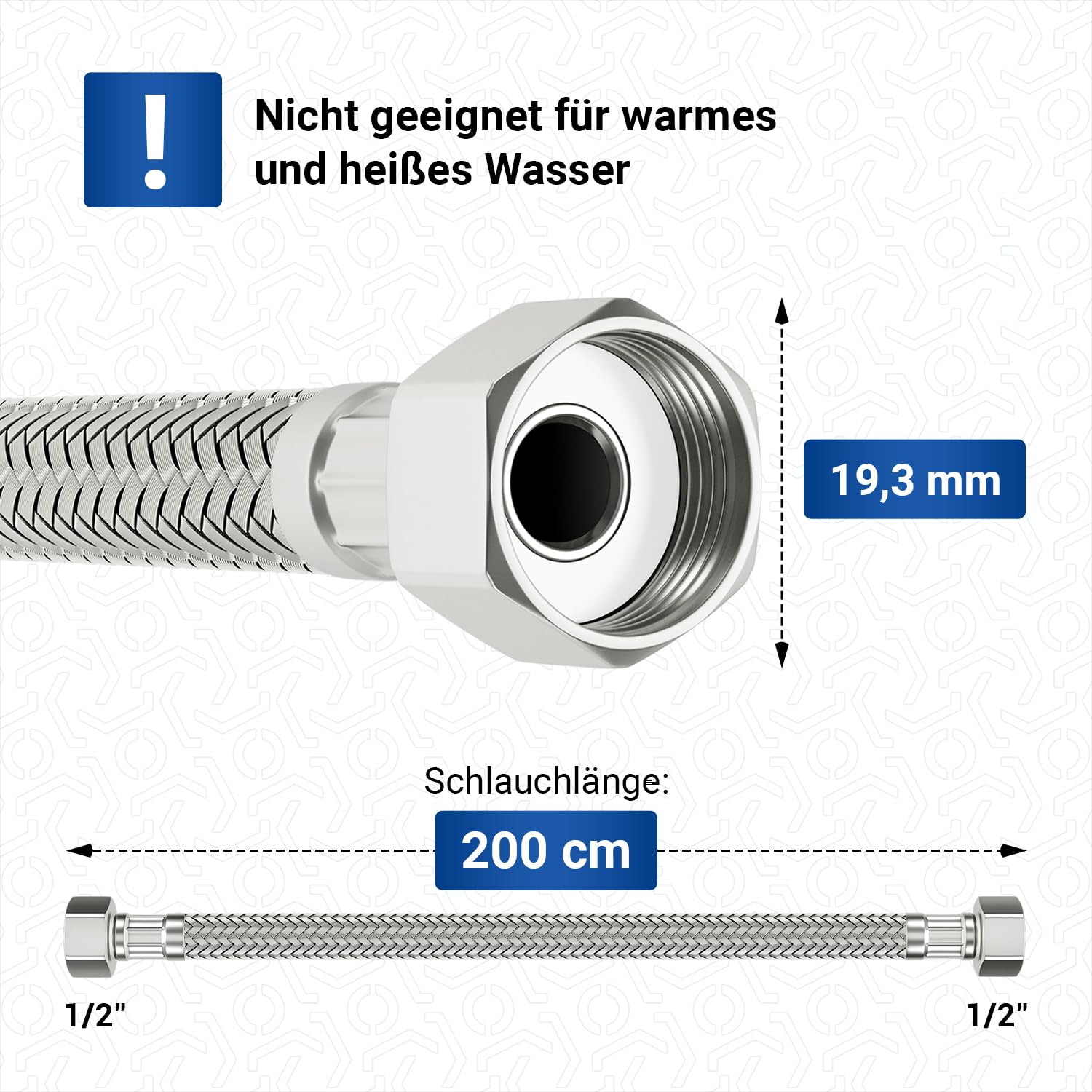 Stainless steel reinforced hose 200 cm with 2 x 1/2" connection suitable for drinking water