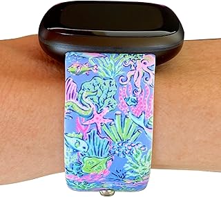 Lux Bands Printed Watch Band - Compatible with Fitbit Versa 3, Versa 4/Fitbit Sense, Sense 2 Silicone Replacement Watch Wristband for Women - Ocean Life (Small)