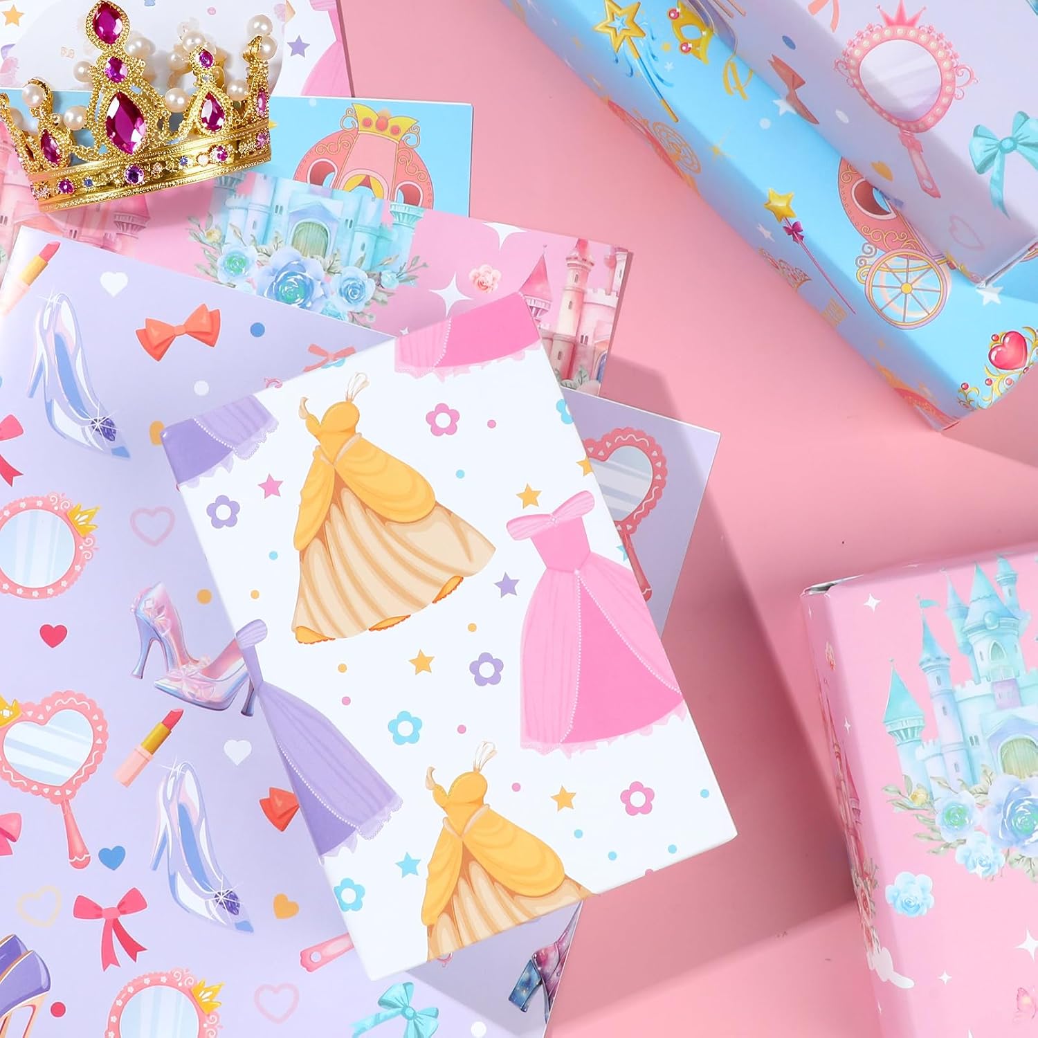 Pineraap 12 Sheets Princess Wrapping Paper, Princess Castle Crown Dress Print Gift Wrap Pink Blue Purple Gift Packing Paper for Girls Birthday Baby Shower Party Supplies, 19.7 x 27.6 Inch image 3