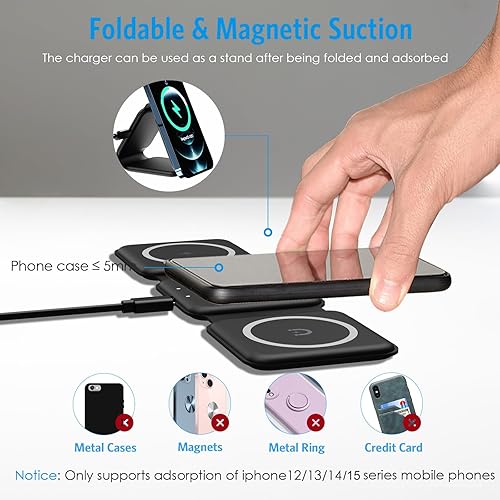 Miniatura 14 de Cargador inalámbrico plegable Criacr 3 en 1, almohadilla de carga inalámbrica rápida magnética, compatible con iPhone 15/14/13/12, Apple Watch