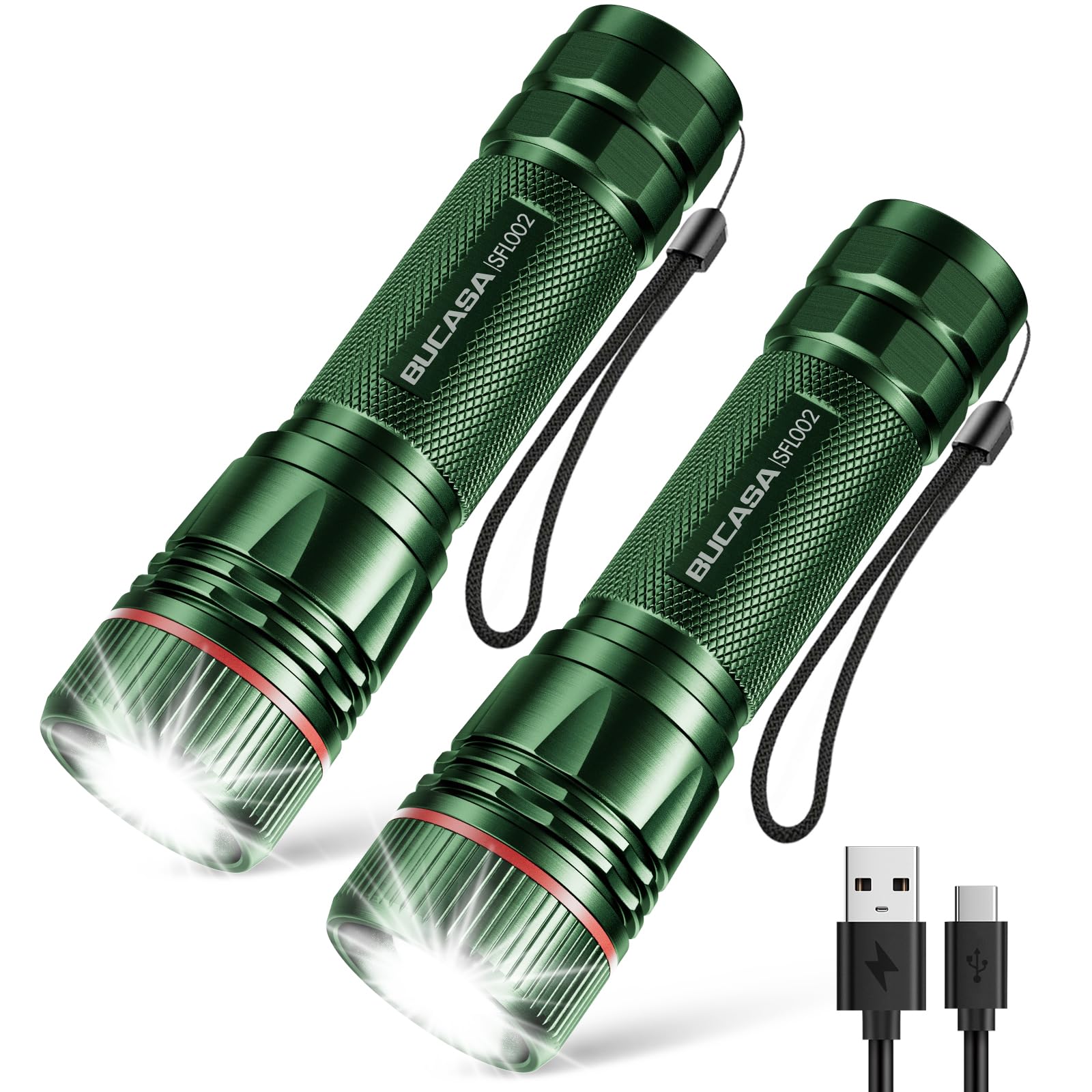 BUCASA Taschenlampe LED Aufladbar, 2000 Lumen Extrem Hell LED Taschenlampe mit 3 Modi, 2 Stück Zoombare Taschenlampen Kinder, Wasserdicht Langer Laufzeit Flashlight für Camping Notfäll (Green-Grün)