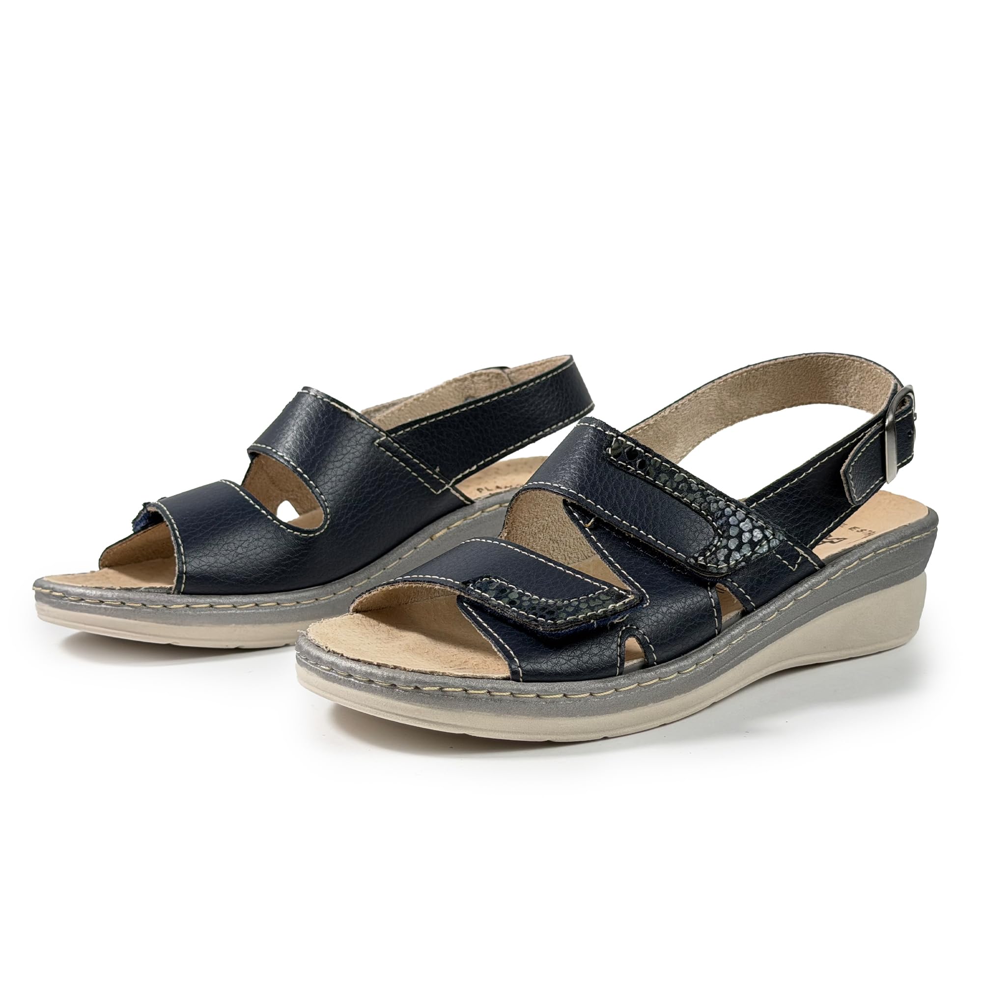 JOMIX Sandalias Mujer Cómodas con Cierre Ajustable Sandalias Ortopédicas Mujer Plantilla Extraíble de Piel Cuña Baja Antideslizante para Pies Anchos Verano Caminar