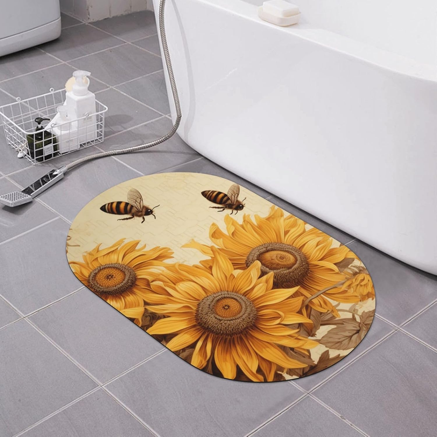 Stone Bath Mats Bees and Sunflowers Diatomaceous Earth Bath Mat Super Absorbent Bathroom Floor Mat Quick Drying Diatomite Shower Mat for Shower Bathtub Bathroom Accessory 16x24in