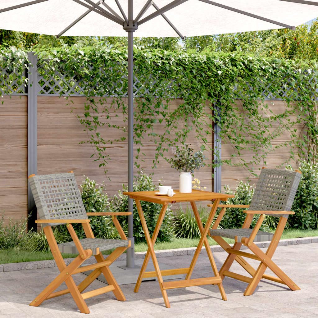 Set da 3 pezzi da bistrot grigio in polyrattan e legno massello, set da esterno