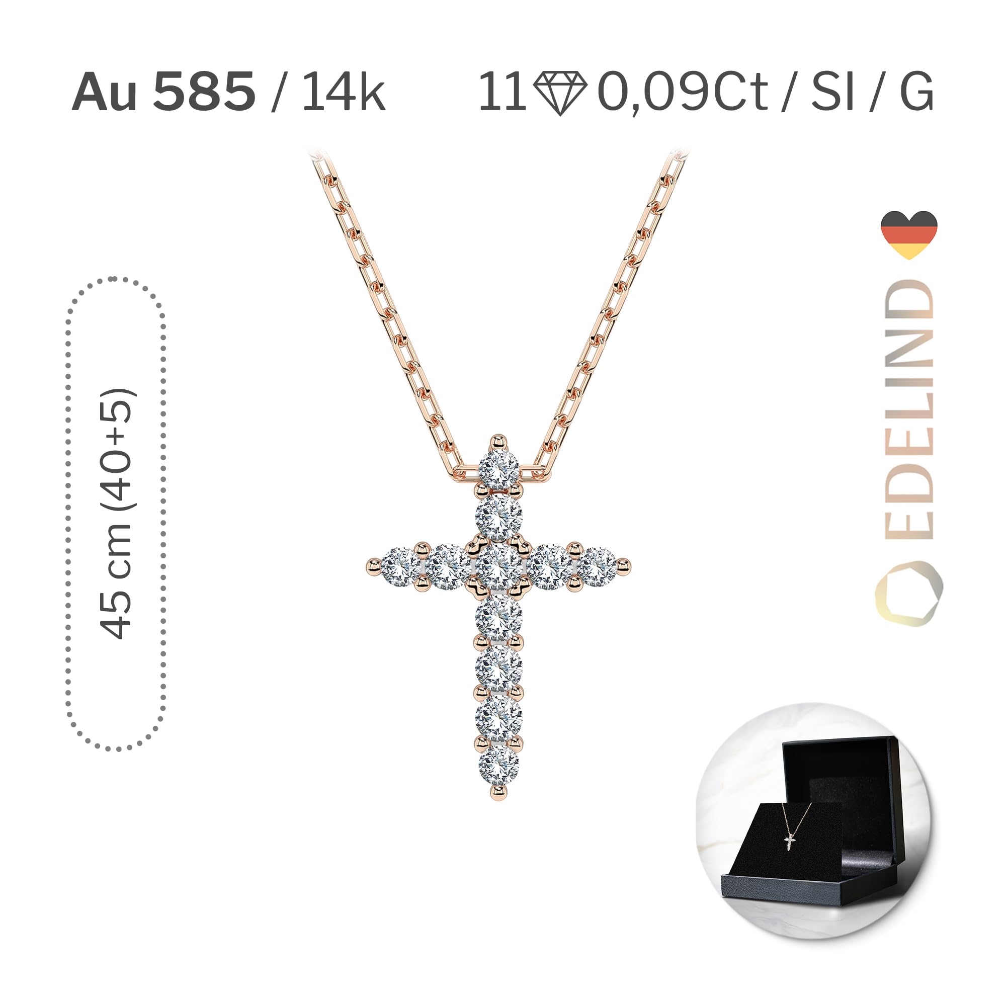 EDELIND Collana Donna con Ciondolo a Croce in Oro 14k con 11 Diamanti 0.09 ct - Catenina Forzatina per Donna e Ragazza - Regalo Comunione e Battesimo