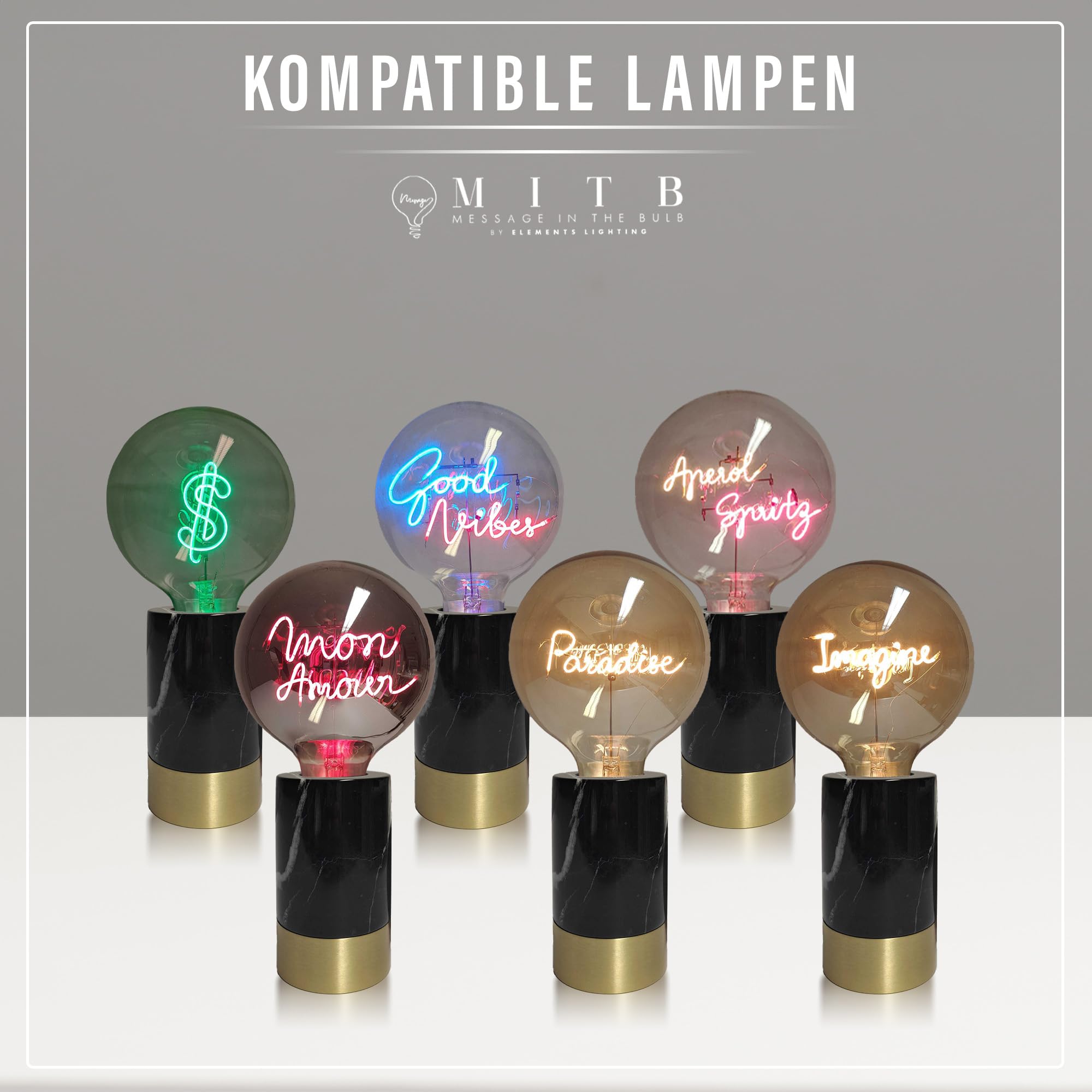 Fitz Lampenfuß E27 für Vintage Lampe, Lampenfassung Tischlampe in „Marmor-Optik“ 11 cm dimmbar, Retro-Lampensockel für Nachttischlampe, Message in the Bulb, Kabelgebunden, Elements Lighting