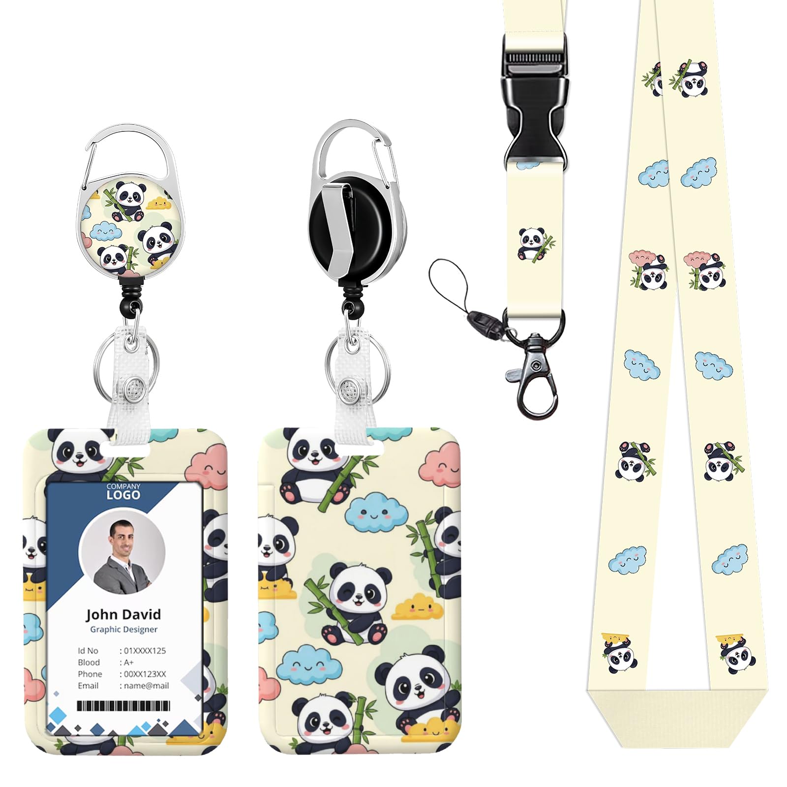 ID Badge Holder with Lanyard Panda Retractable Reel Lanyards for ID Badges Name Tag Clips Funny Nurse Teacher Office Student Gift