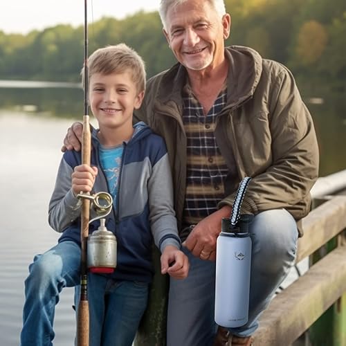 Miniatura 2 de NATURE PIONEOR Botellas de agua aisladas con mango de paracaídas, botella de agua deportiva al vacío de 40 onzas de boca ancha con 3 tapas, acero