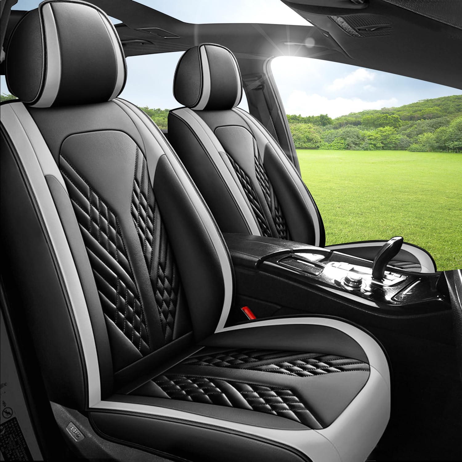 Car Seat Covers Fit for Hyundai Kona 2018-2024 Full Set Leather Car Seat Cover with Airbag Comfortable Breathable, Waterproof and Scratch-Resistant Car Seat Protector(Black&Grey)