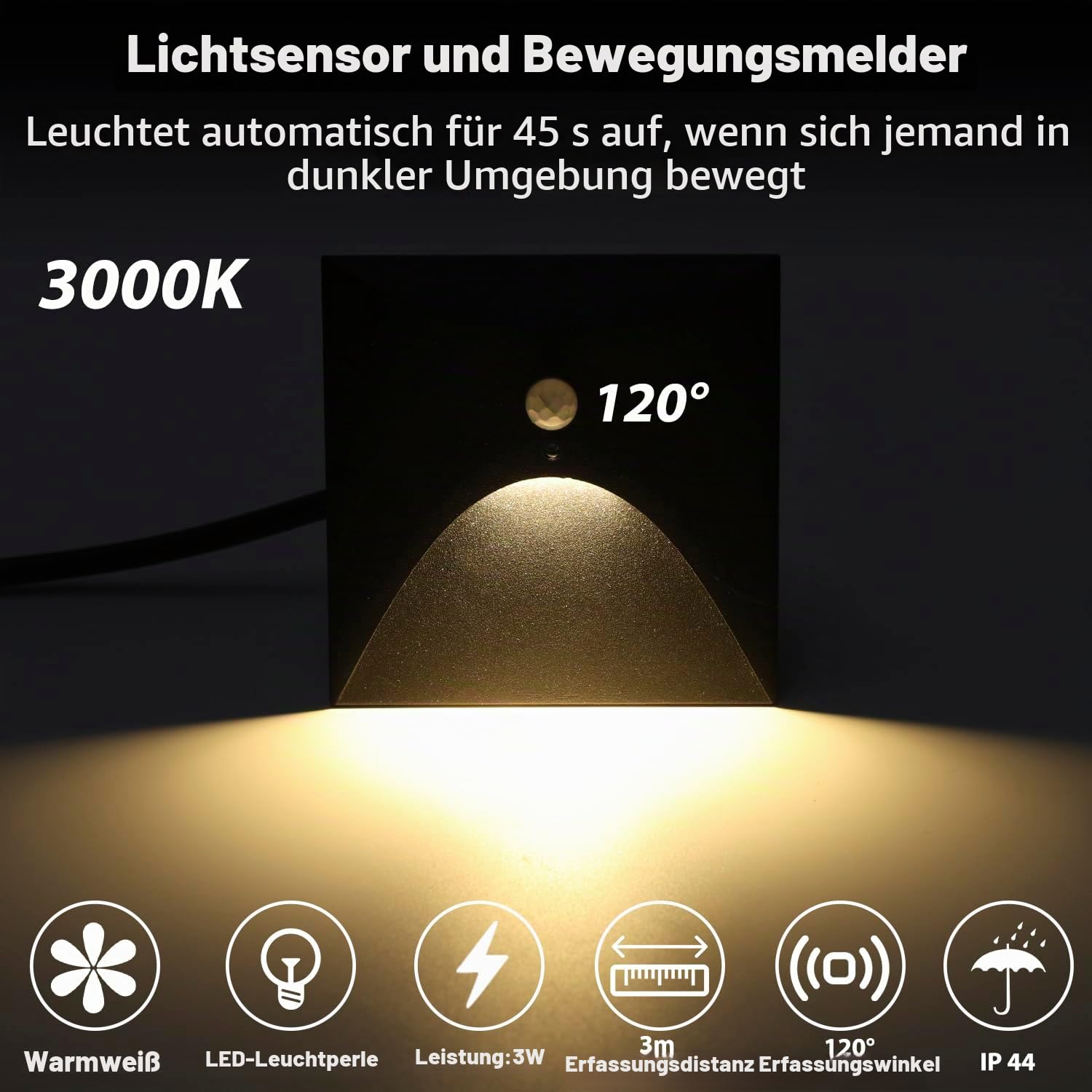 4er 3W LED Treppenlicht mit Bewegungsmelder [Nicht für 60mm Standarddosen] Warmweiß Alu Einbaustrahler 230V Eckig Wandeinbauleuchte Treppenleuchte Wasserdicht Innen Außen Schwarz Stufenlicht