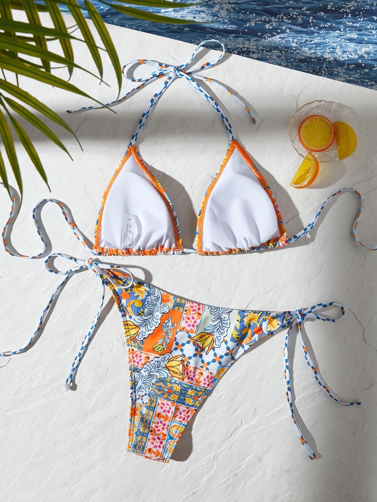 Bikini Mujer Mujeres Impreso Triángulo Conjunto Corbata Lado Dos Piezas Traje De Baño Ropa Playa-Multi-l