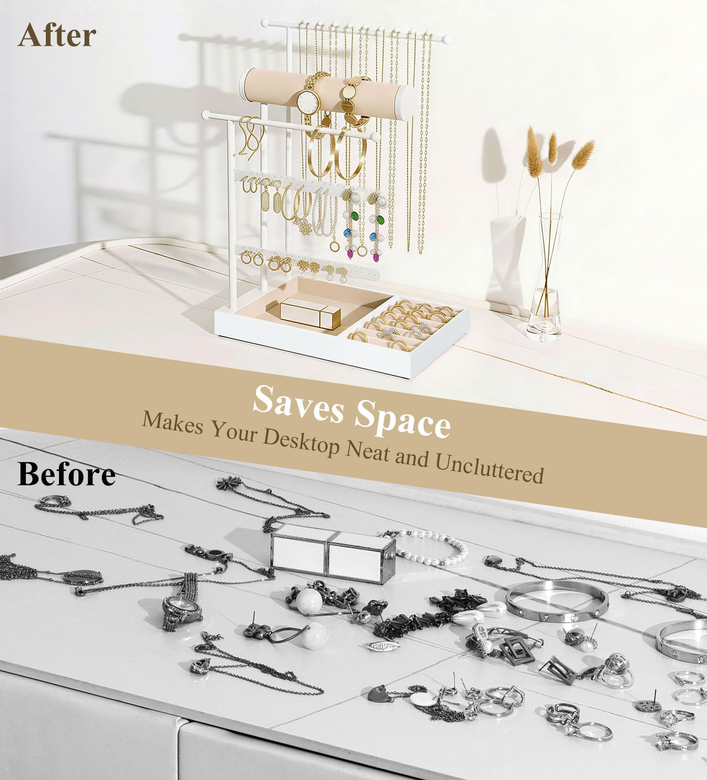 Emibele Sostenedor Collares Organizador Joyero Soporte Con Bandeja Terciopelo Organizador Joyero Torre Para Pendientes Brazaletes Y Collares Elegante Torre Joyero Regalos Para Mujeres, Blanco