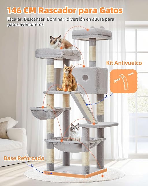Foto 7 de 8 de Taoqimiao Rascador para Gatos 146cm, Árbol para Gatos Grandes, 8 Postes de Sisal para Arañar, Panel Rascador
