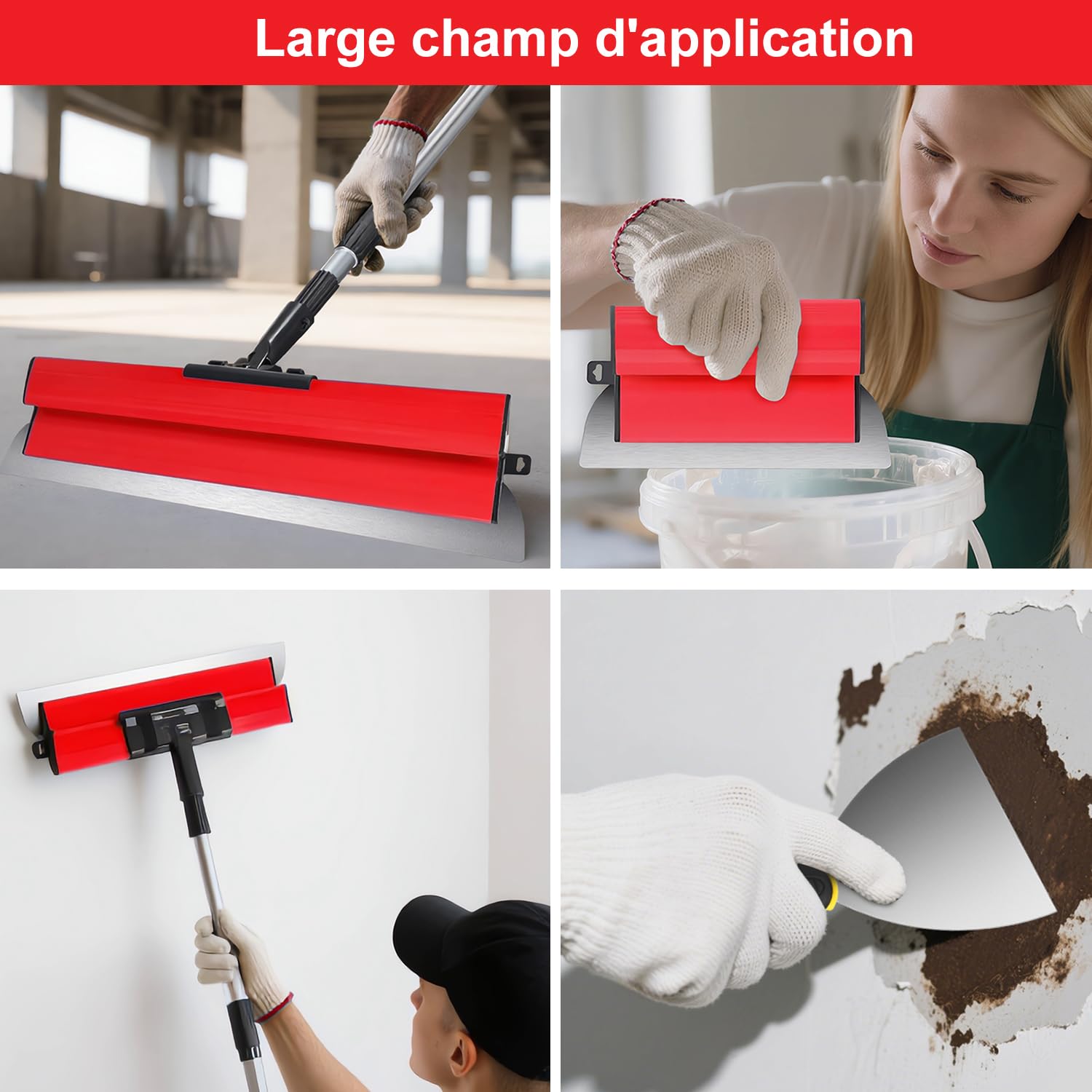 Spatule Enduit Lissage Set, 5 Outils de Spatule (15cm, 25cm, 40cm, 60cm, 80cm) pour les cloisons sèches,à main tige télescopique 85 à 130 cm，2 grattoirs à main et Avec boîte - 2