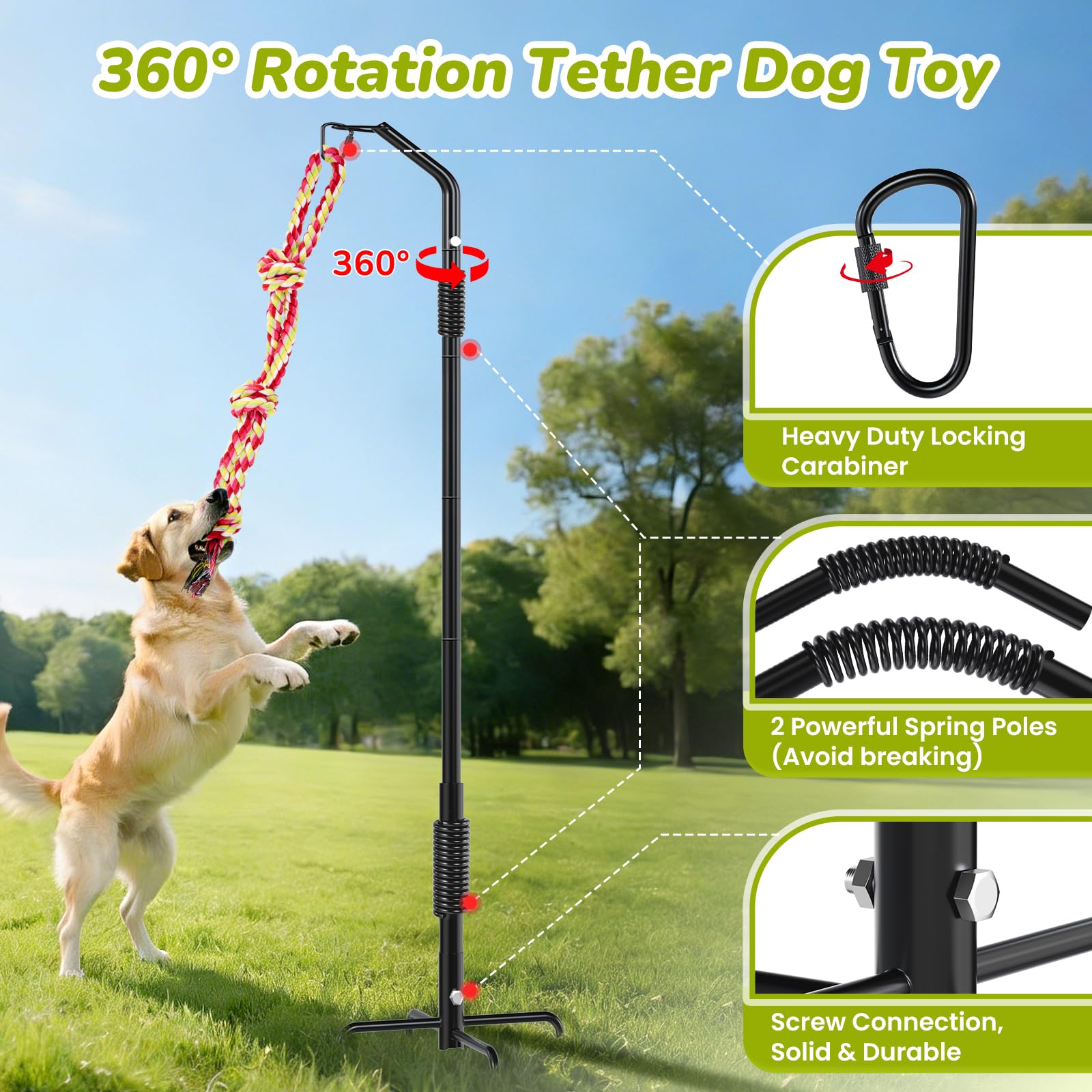 Juguete de cuerda para perros de rotación de 360°, juguete de cuerda para perros de ejercicio en patio/parque/césped, entrenamiento de perros, 3 juguetes de cuerda, 2 postes de resorte reforzados