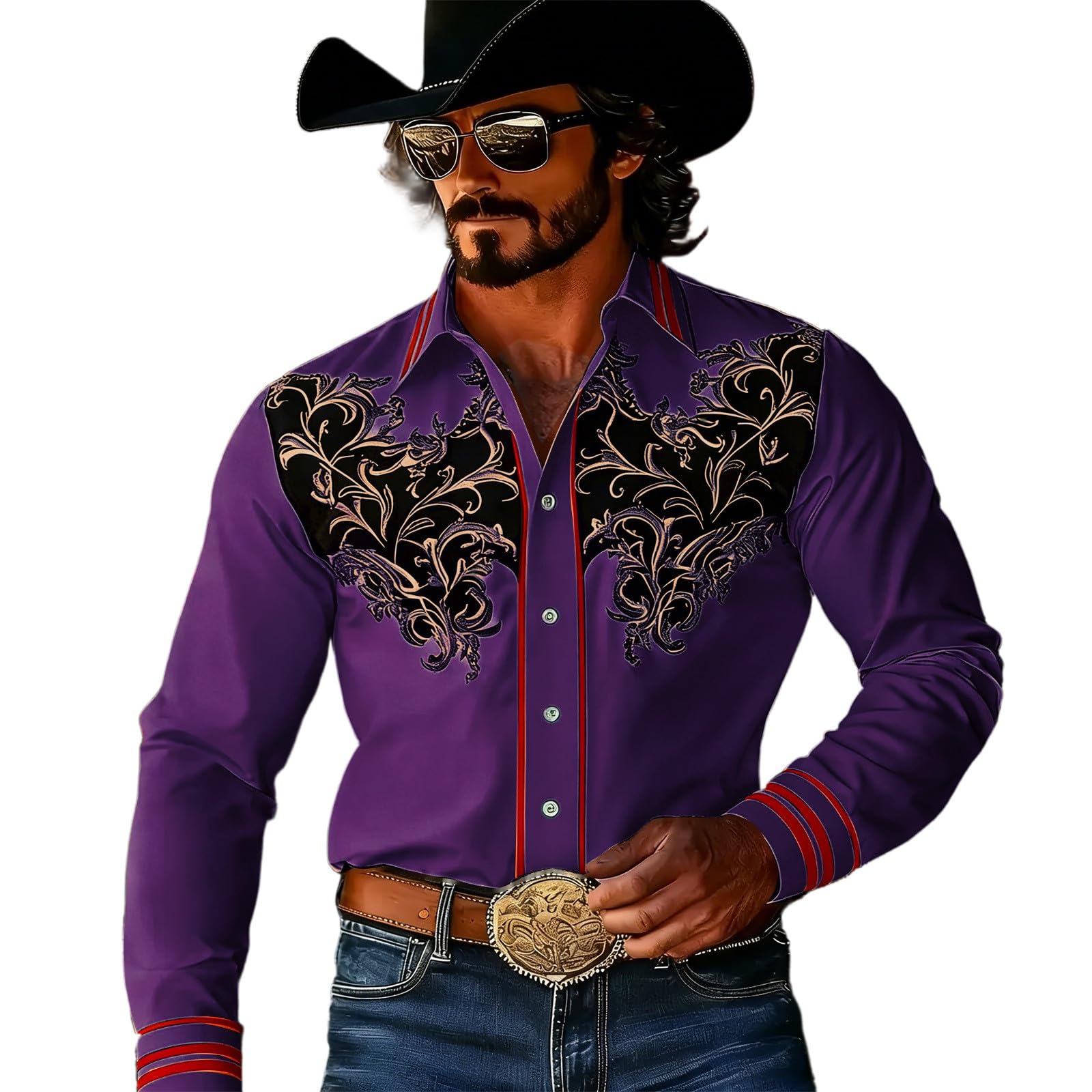 Fancy Dress Shirts Men's Cowboy Costume Long Sleeve Retro Western Shirt Western Lapel Shirt Vintage Style Long Sleeve Shirt with Ornament Pattern Festive Party Shirt for Theme Party Country Festival — image 1