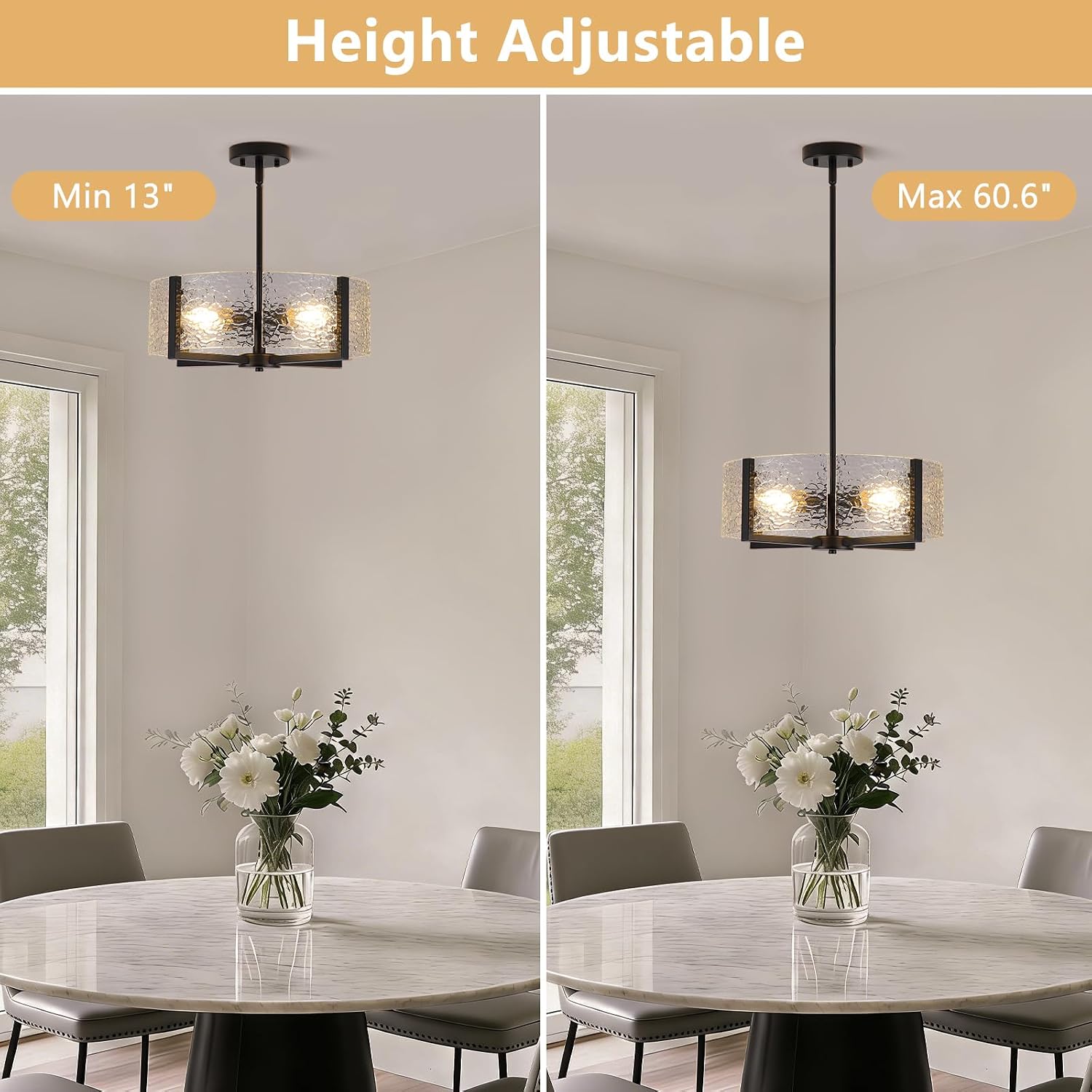 18" Modern Farmhouse Black Glass Chandeliers, 4 Light Drum Chandelier for Dining Room Kitchen Island Pendant Light Fixture for Bedroom Living Room Over Table Hallway Entryway Foyer Bathroom