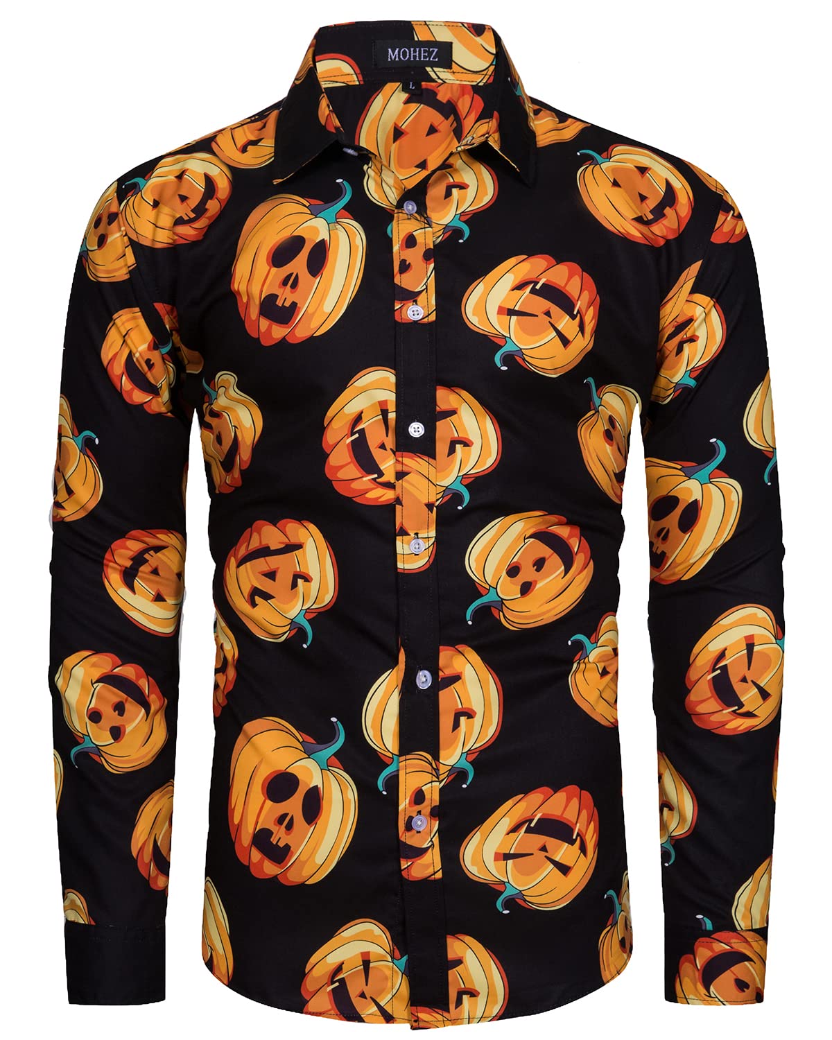 MOHEZ Mens Halloween Shirt Ugly Pumpkin Casual Long Sleeve Funny Button Down Shirts Adult Costume Black 3X-Large