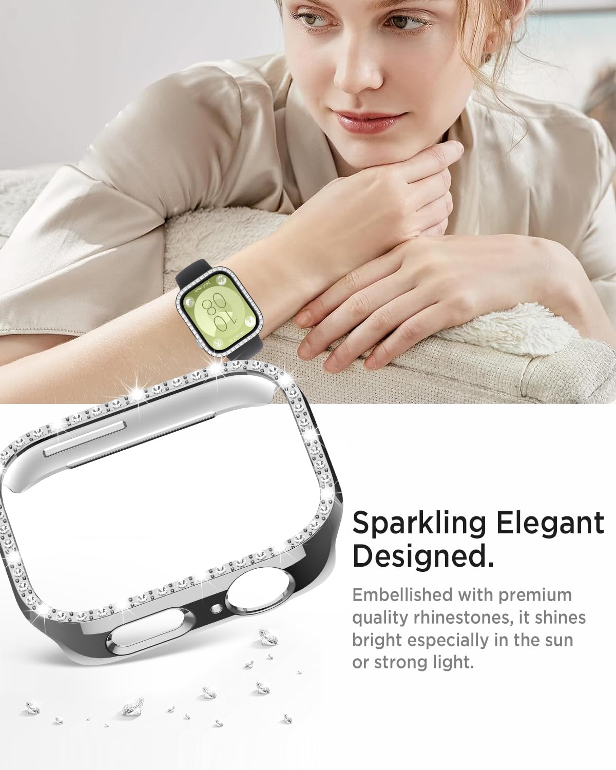 Miimall Błyszczące etui do Huawei Watch Fit 3, twarde etui z ramką PC, kryształowe diamenty, osłona dla kobiet i dziewcząt, smukłe etui ochronne do Huawei Watch Fit 3, srebrne