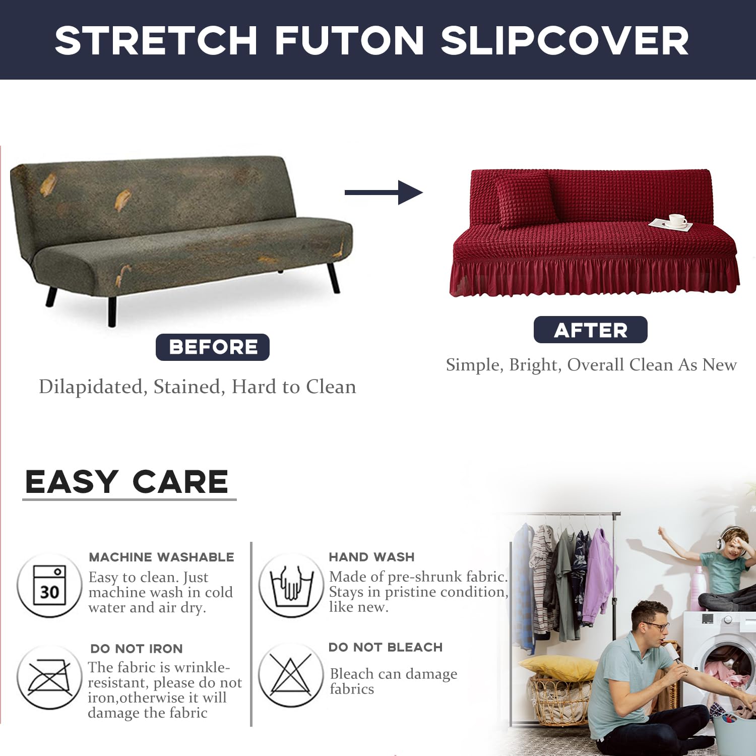 Funda universal para sofá Sper de 3 plazas, protector de sofá elástico y plegable con faldón, ajuste elástico para sala de estar y decoración del hogar, diseño sin brazos
