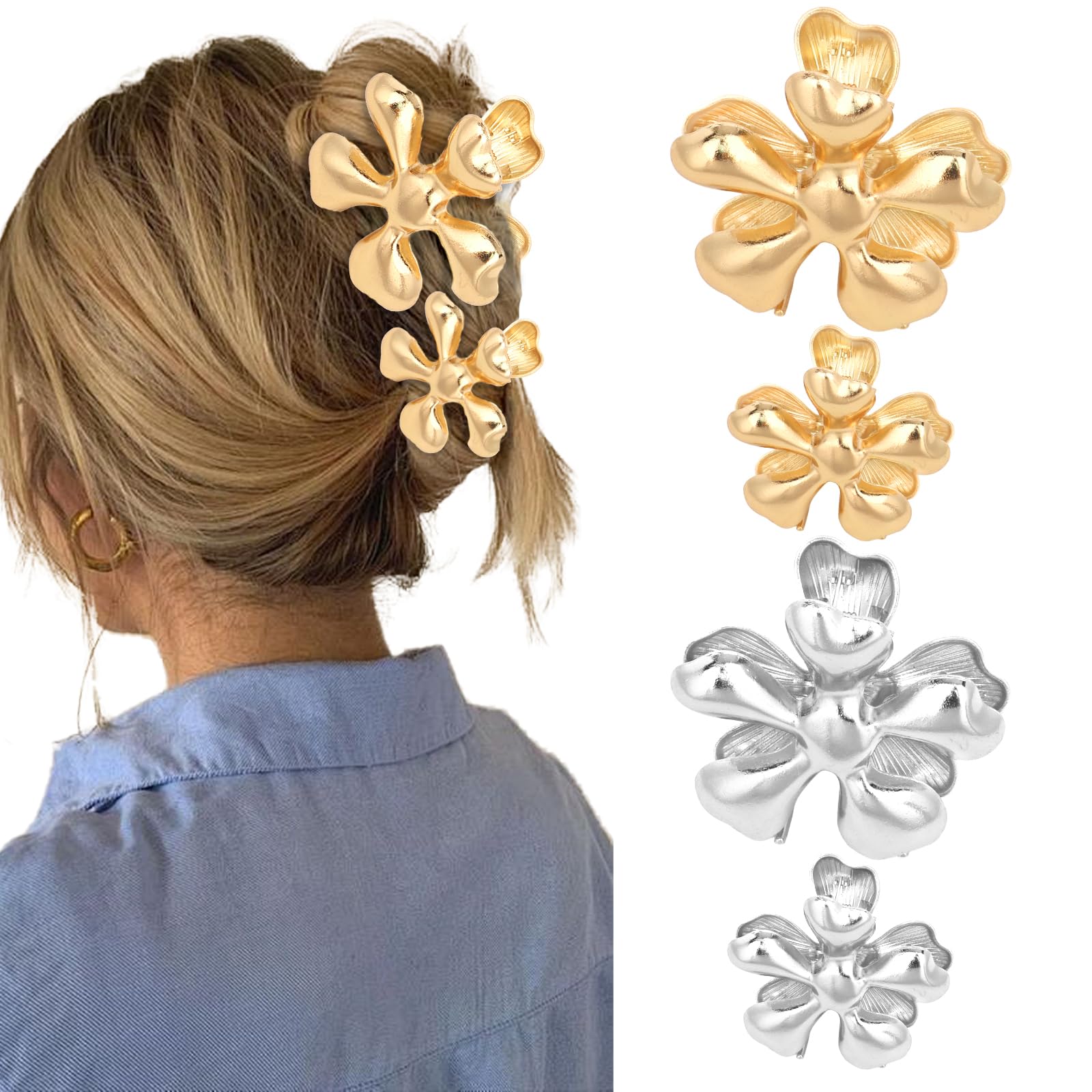 ANBALA Gold & Silver Flower Hair Clips for Women - 4 Pack Claw Clips for Thick & Thin Hair