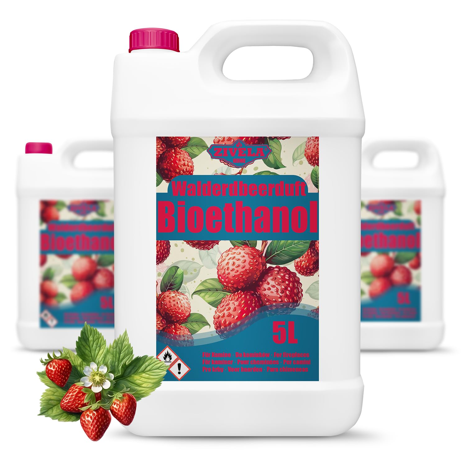 Bioetanol 96,6% 15L | Bio Alcohol Aroma a fresa silvestre 96,6% 3x5L | Bioetanol para chimenea, chimenea de mesa | Bioetanol Fresa Bosque | Combustión limpia, sin humo, llama viva y estable