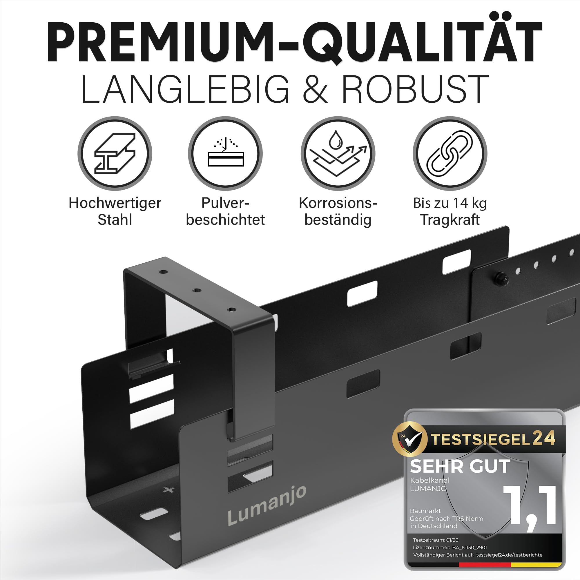Kabelkanal Schreibtisch ausziehbar 80-112cm - Kabelwanne Schwarz | 3-fach höhenverstellbarer Kabel Organizer. Pulverbeschichteter Stahl. Komplett-Set inkl. 50+ Zubehör, bis 14kg belastbar.