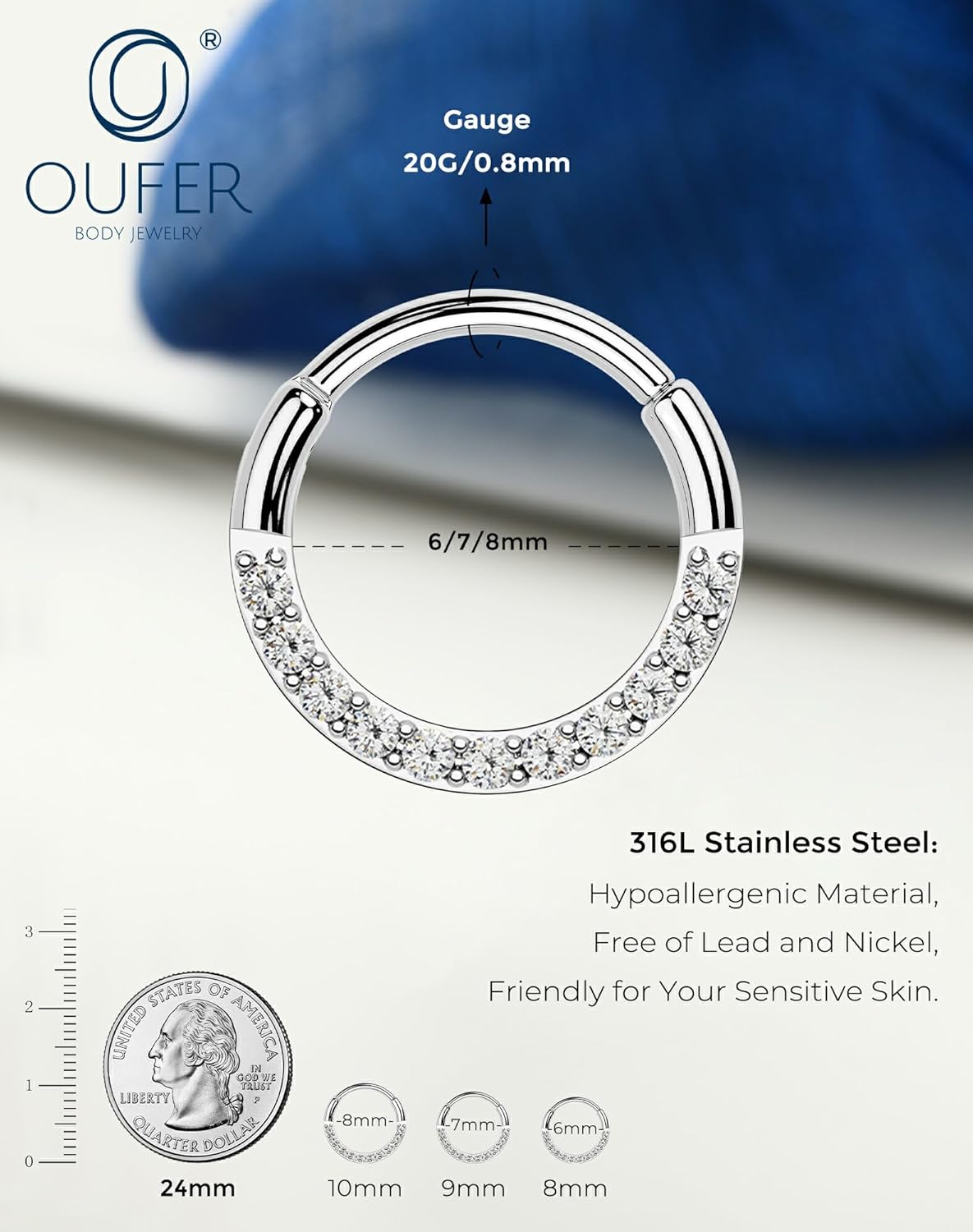 OUFER 20G Nose Rings Hoops, Shiny Clear CZ Hoop Nose Ring For Women, 316L Surgical Steel Hinged Segment Daith Piercing Jewelry, Inner Diameter 6/7/8MM Cartilage Rook Helix Lobe Tragus Earrings - Image 8