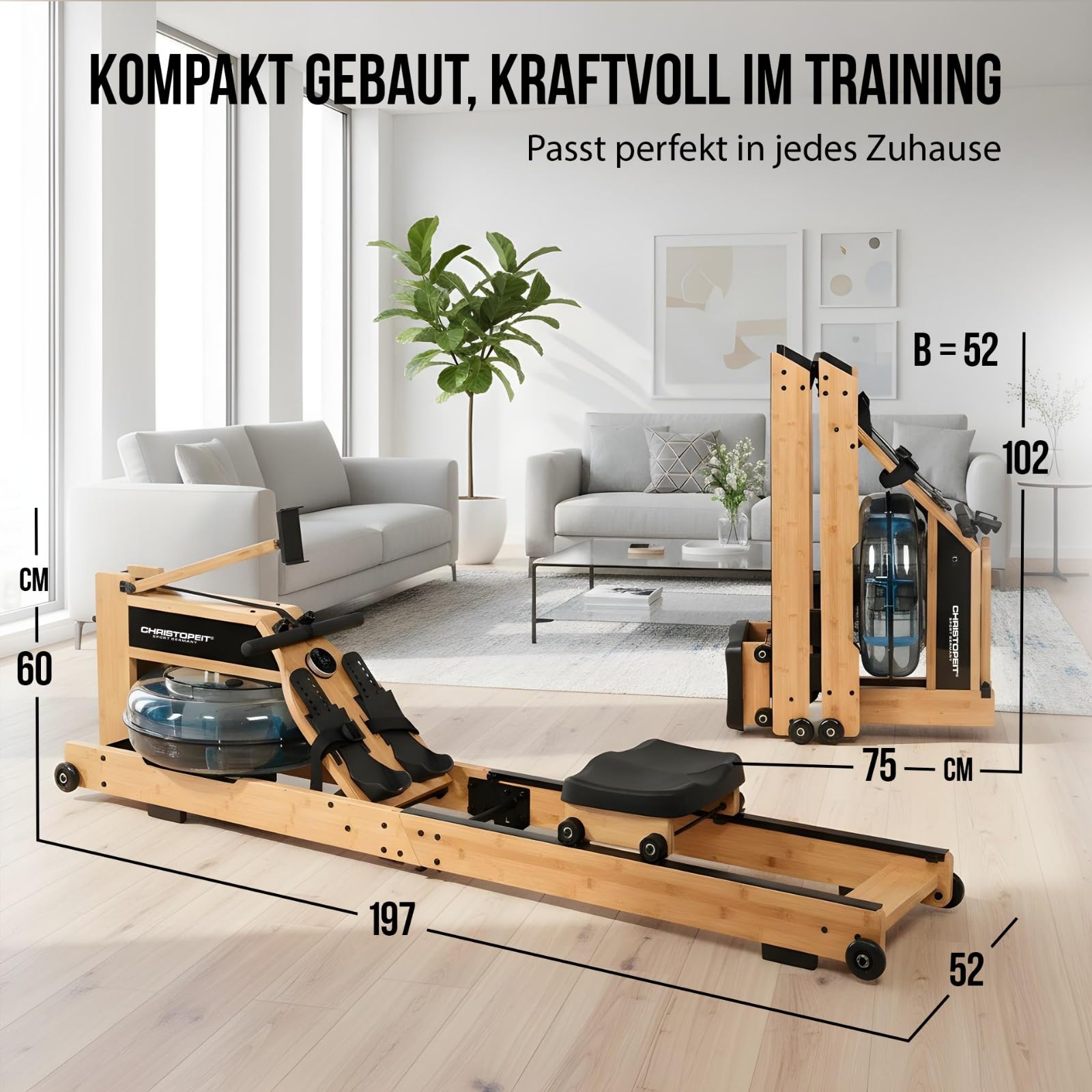 CHRISTOPEIT Rudergerät für Zuhause Wasser klappbar - WP 5000 (Testsieger) oder Colorado - Holz, Hybrid Wasser-Magnet-System, Kinomap, Bluetooth, bis 150 kg, ergonomisch