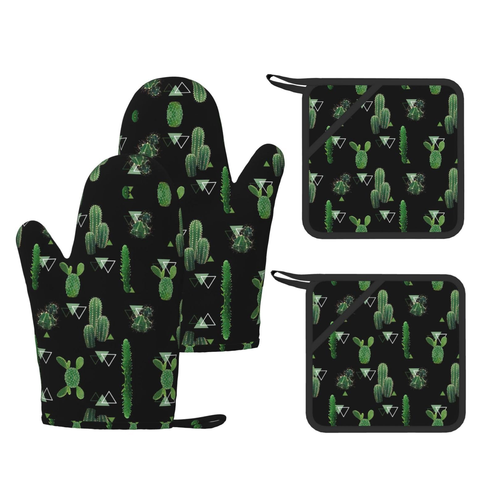 Eeprty Black Cactus Printed Kitchen Oven Gloves And Potholder 4 Pcs, Non-Slip Heat Resistant Mitts For Baking Chef