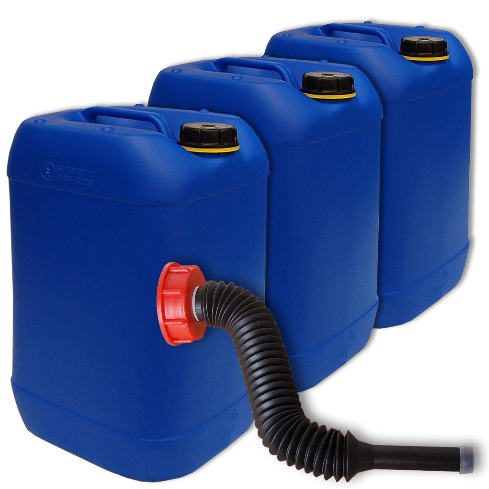 Lot de 3 bidons plastique HDPE 25 L bleu, alimentaire + 1 long bec verseur flexible DIN 61 (22248x3+22037)